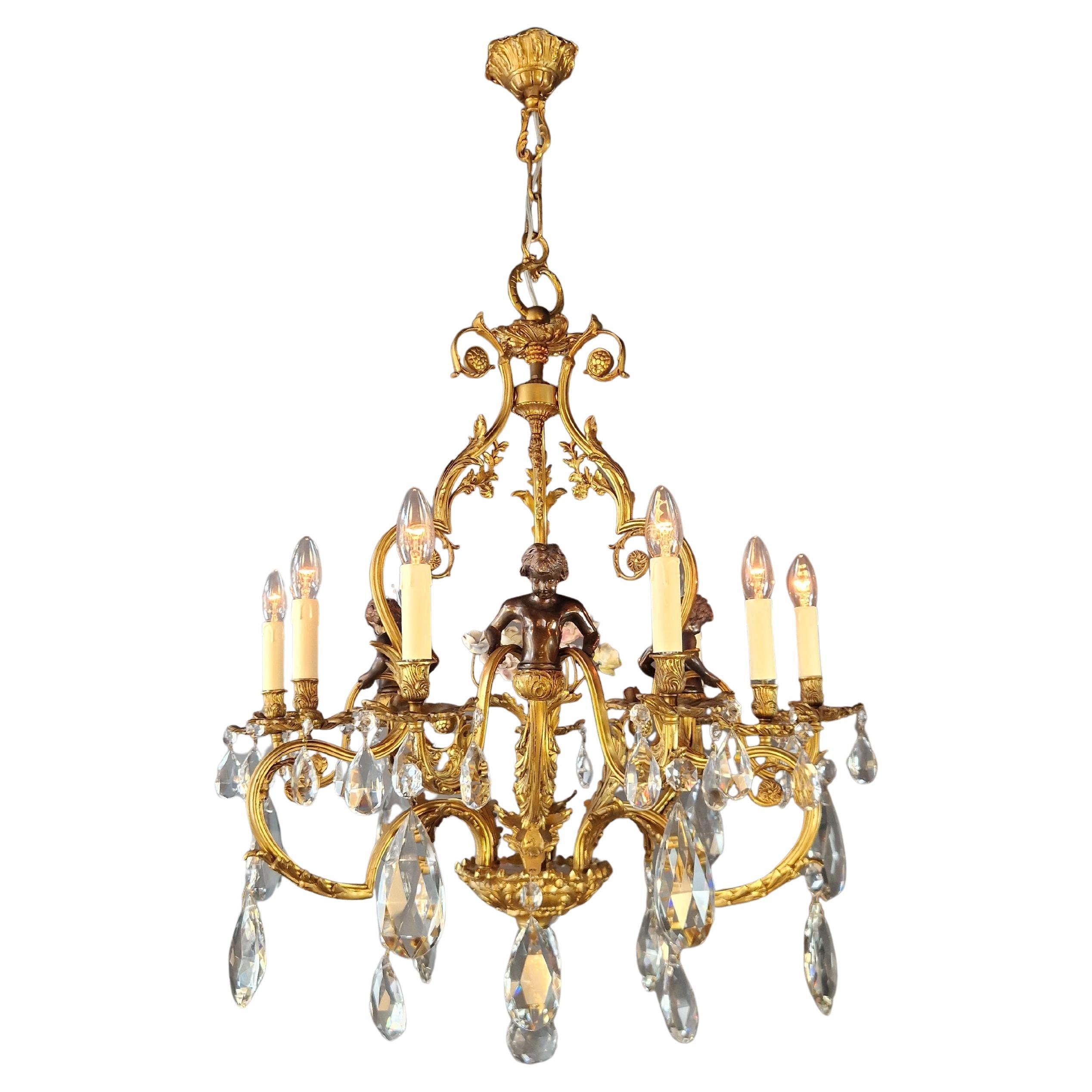 Putti Lustre Baroque Cristal Or Corbeille Laiton Antique Porcelaine rose en vente