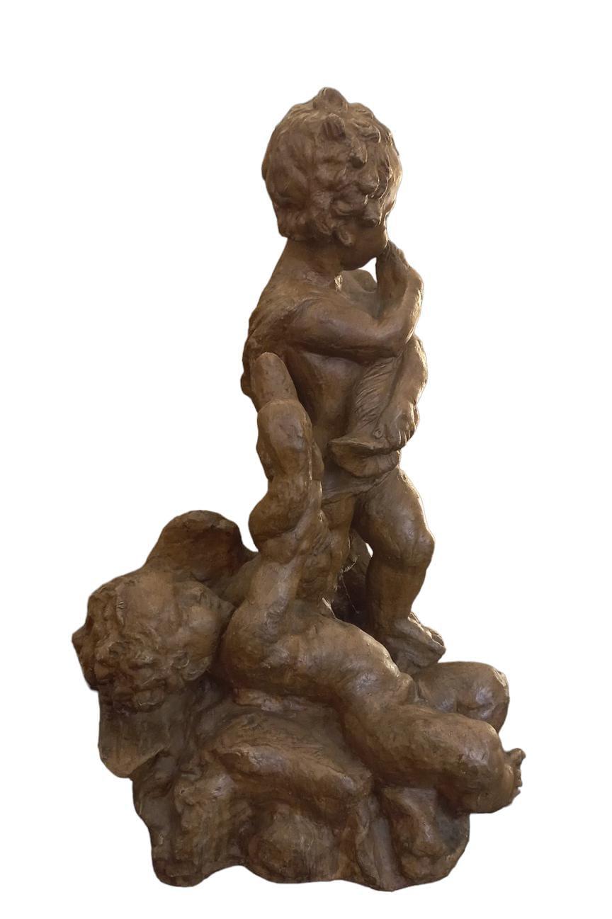 French Putti with swan, 18th century terracotta For Sale