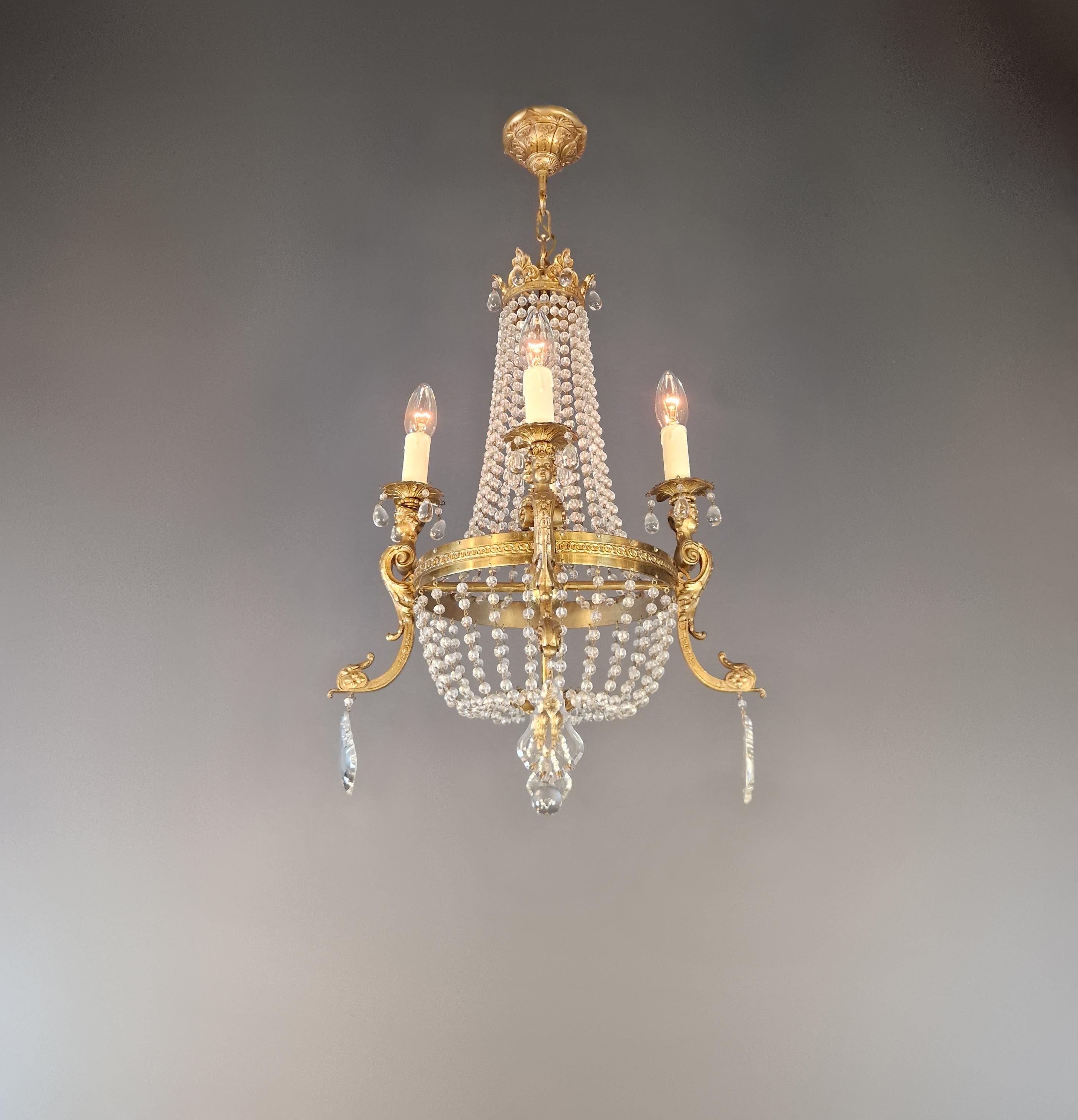 Noué à la main Lustre Empire Antiques Crystal Gold Basket Antique Brass Classic en vente