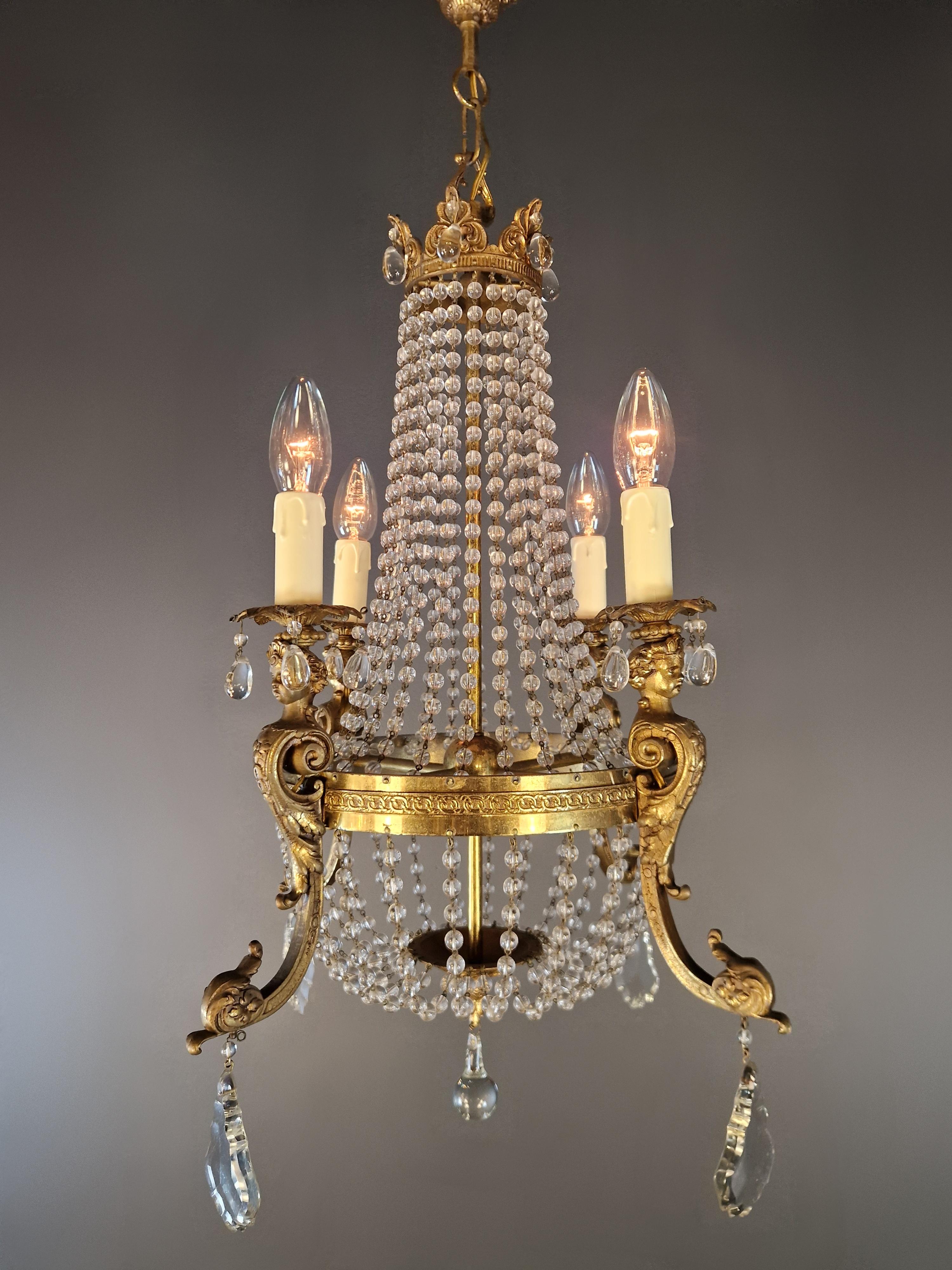 Milieu du XXe siècle Lustre Empire Antiques Crystal Gold Basket Antique Brass Classic en vente