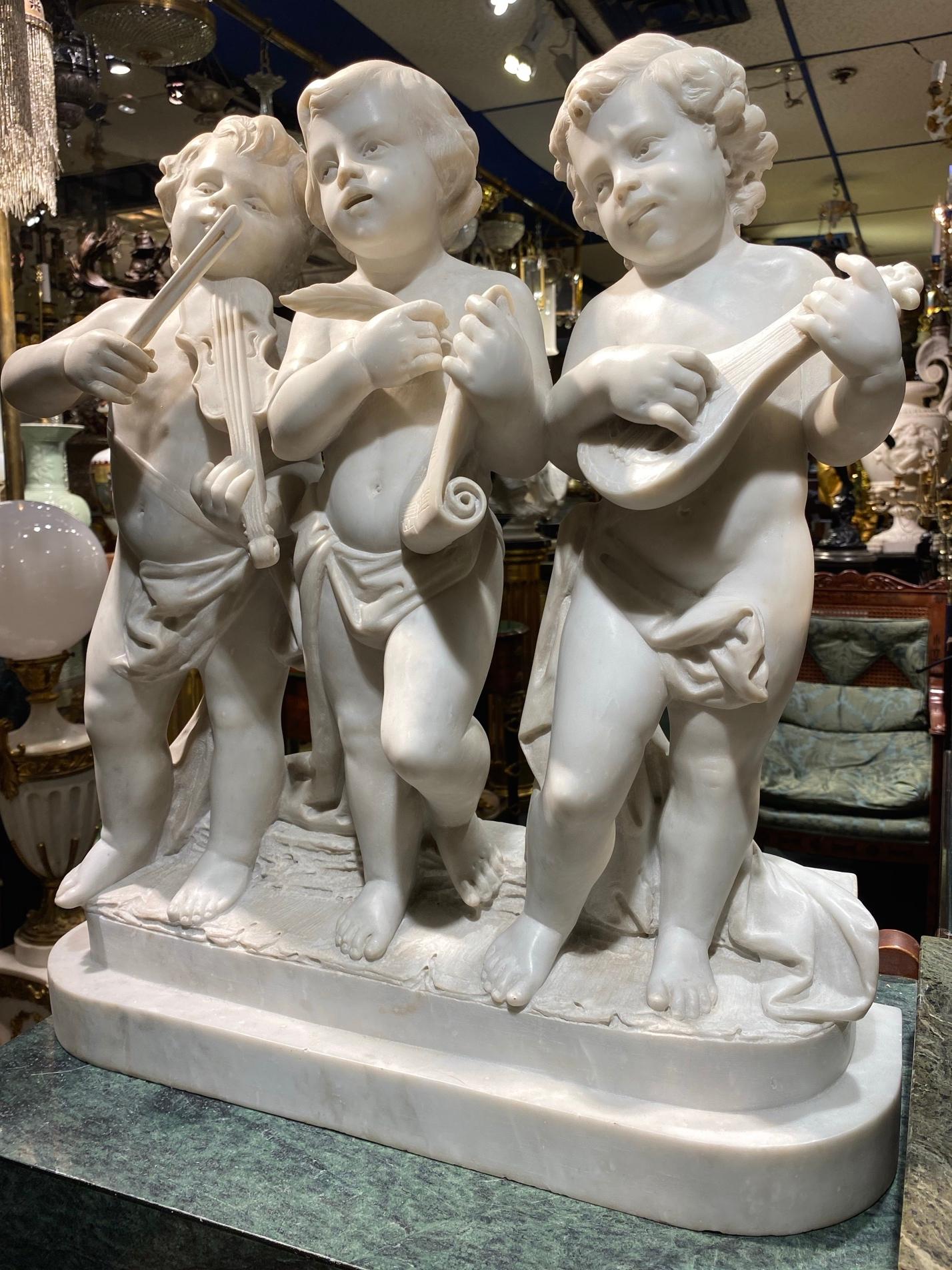 Hand-Carved Putti Musicians Marble Sculpture