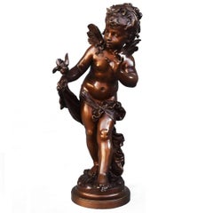 "Putti Ou Angelot à L’oiseau" XIXth century Bronze sculpture by Auguste Moreau