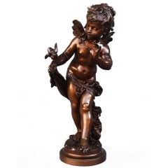 ""Putti Ou Angelot à L'oiseau"" XIXème siècle Sculpture en bronze d'Auguste Moreau