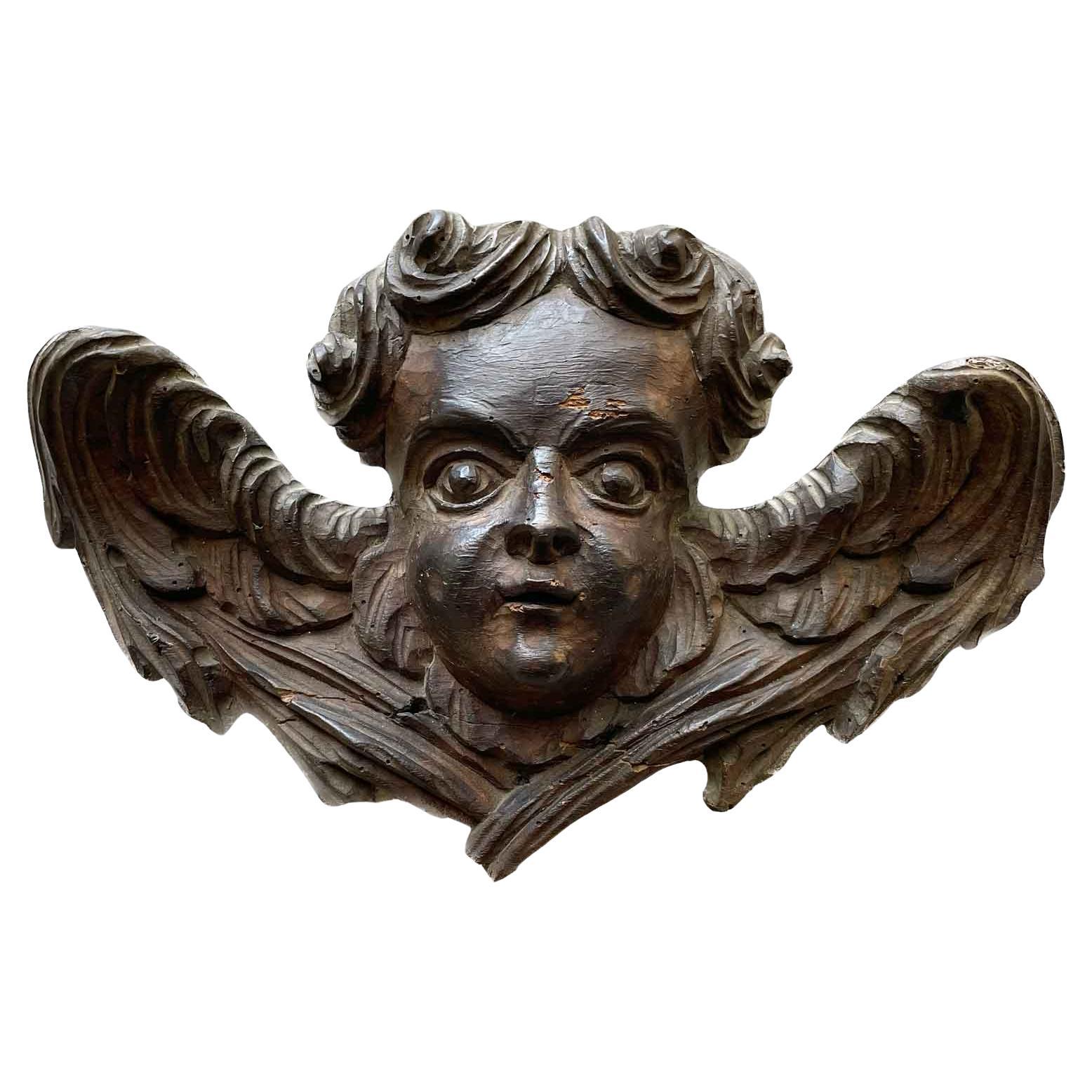 Putto ailé Sculpture italienne 1700 Visage d'ange en bois sculpté  en vente