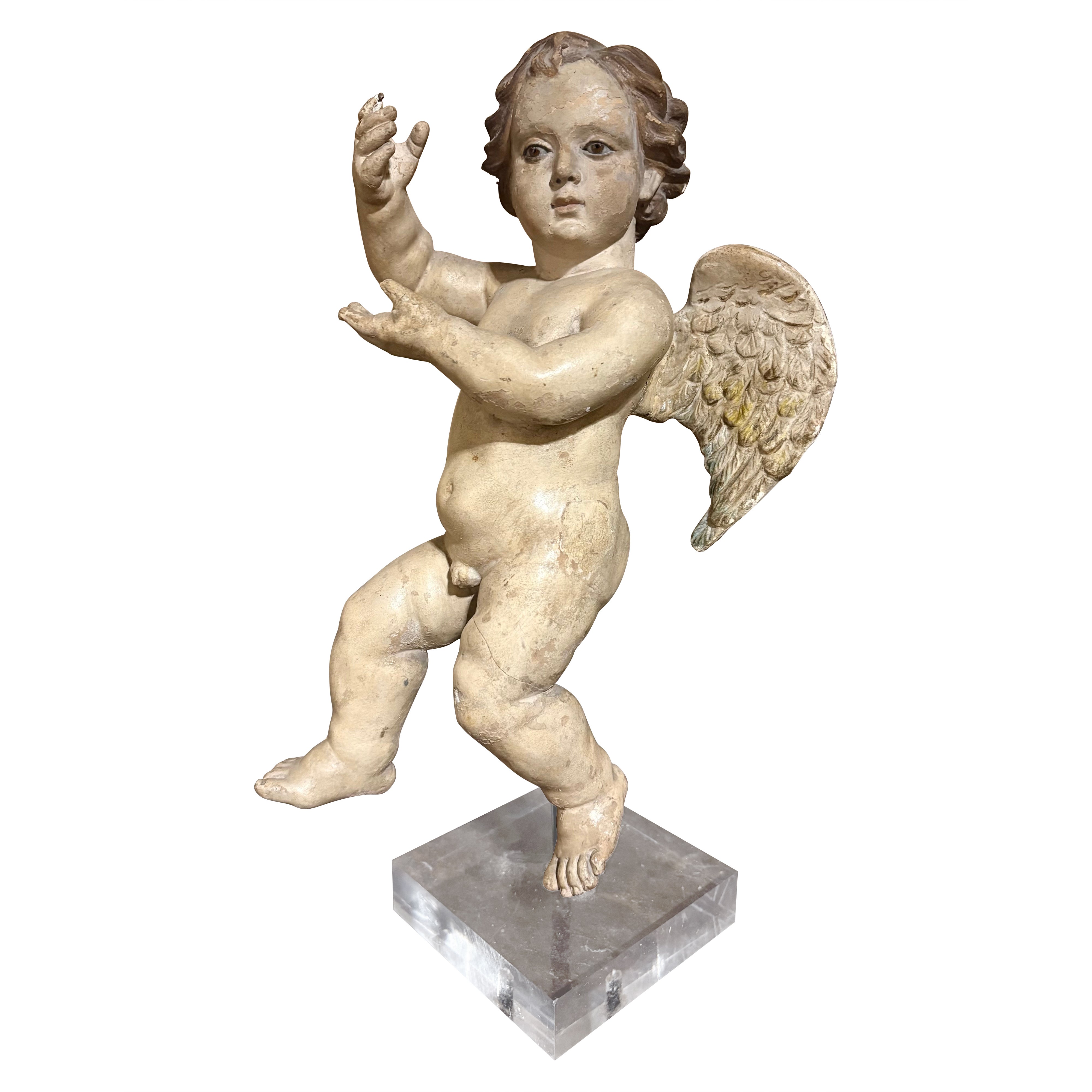Barock Putto in polychromen Terrakotta Glasaugen frühes 18 im Angebot