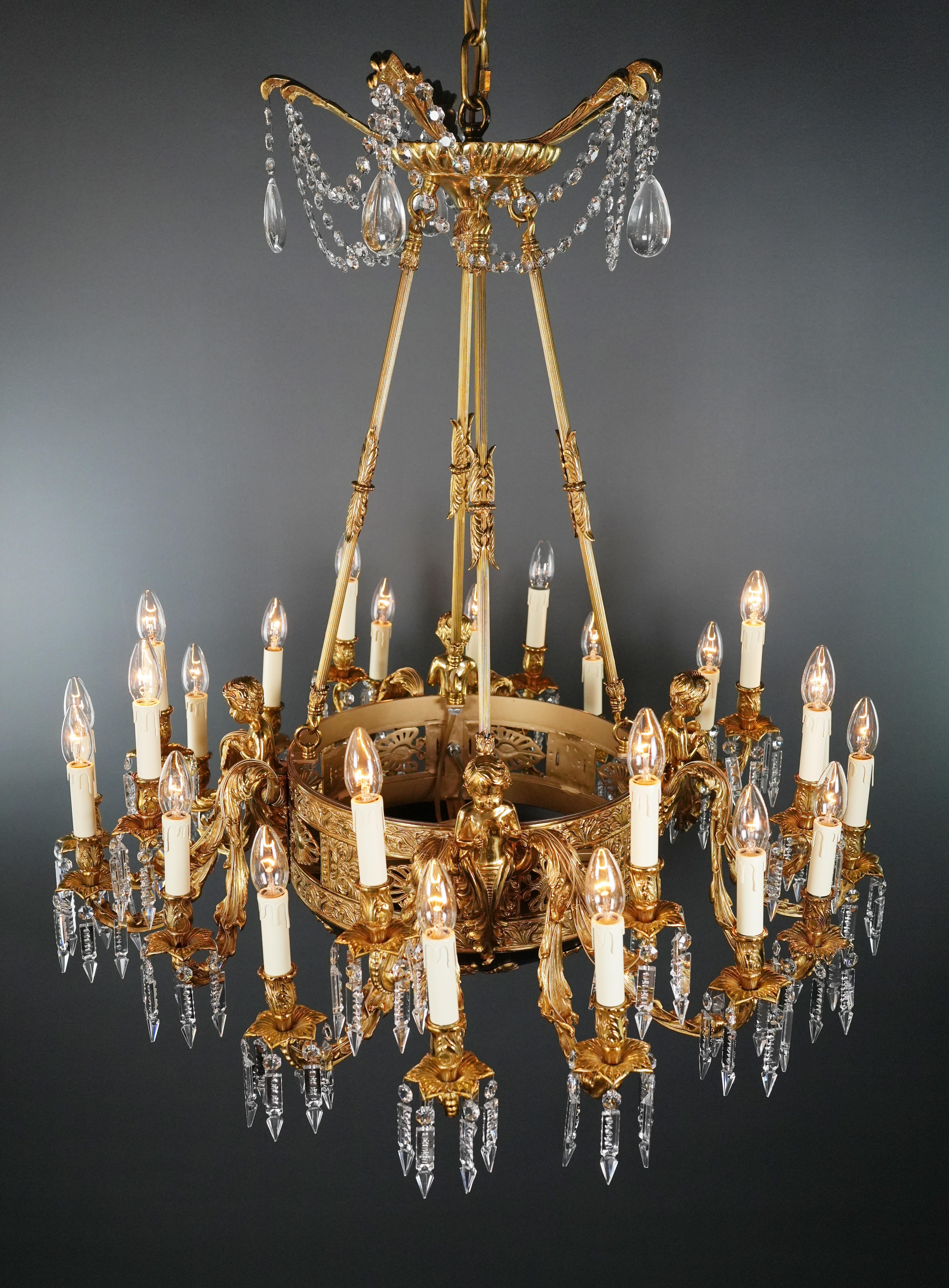 Contemporary Putto Brass Empire Chandelier Lustre Lamp Antique Gold For Sale