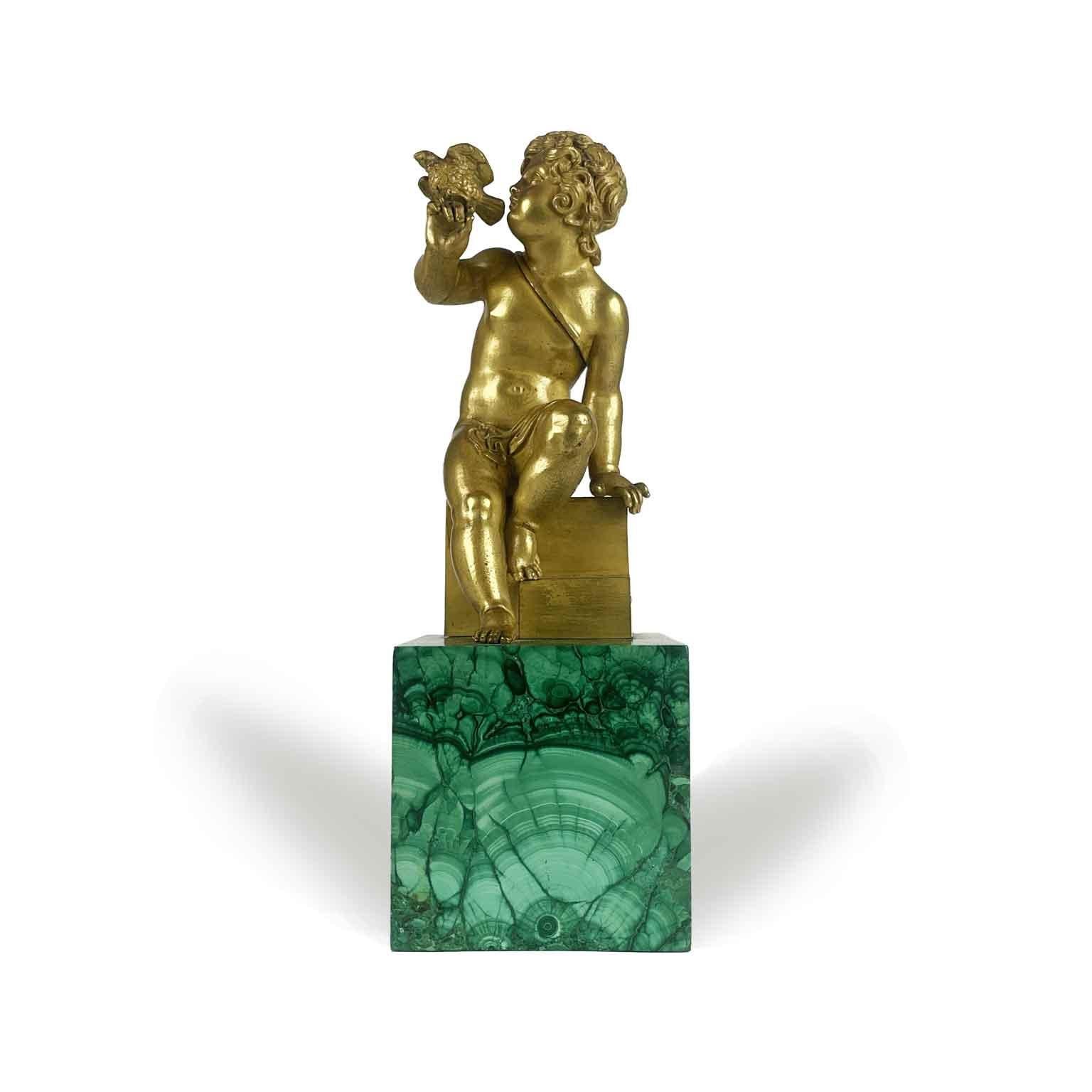 Bronze Putto Con Colomba In Bronzo Dorato e Base Malachite Figura Neoclassica Roma 1850