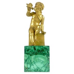 Vintage Putto Con Colomba In Bronzo Dorato e Base Malachite Figura Neoclassica Roma 1850