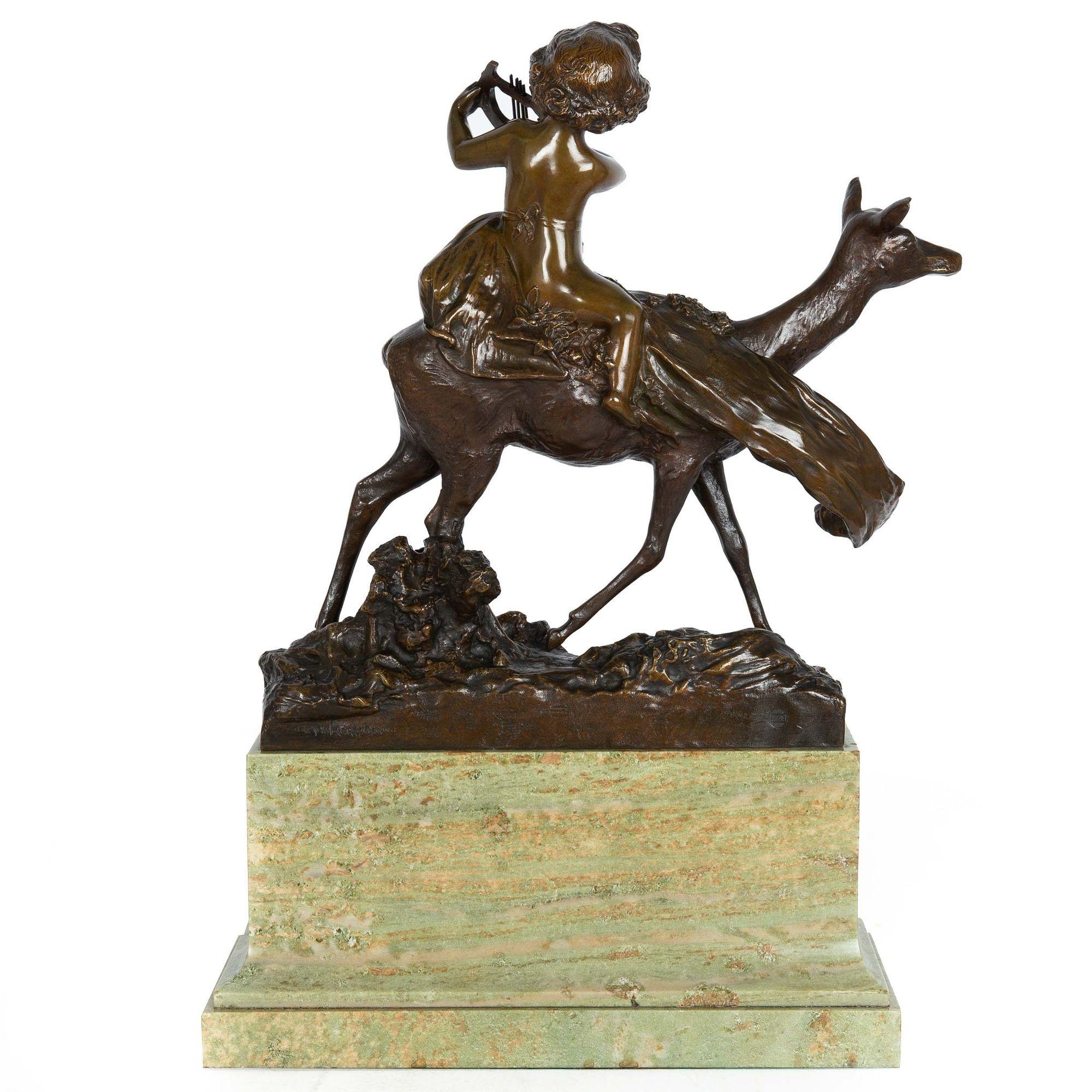 French “Putto on Doe” Art Nouveau Bronze Sculpture by Charles Korschann For Sale