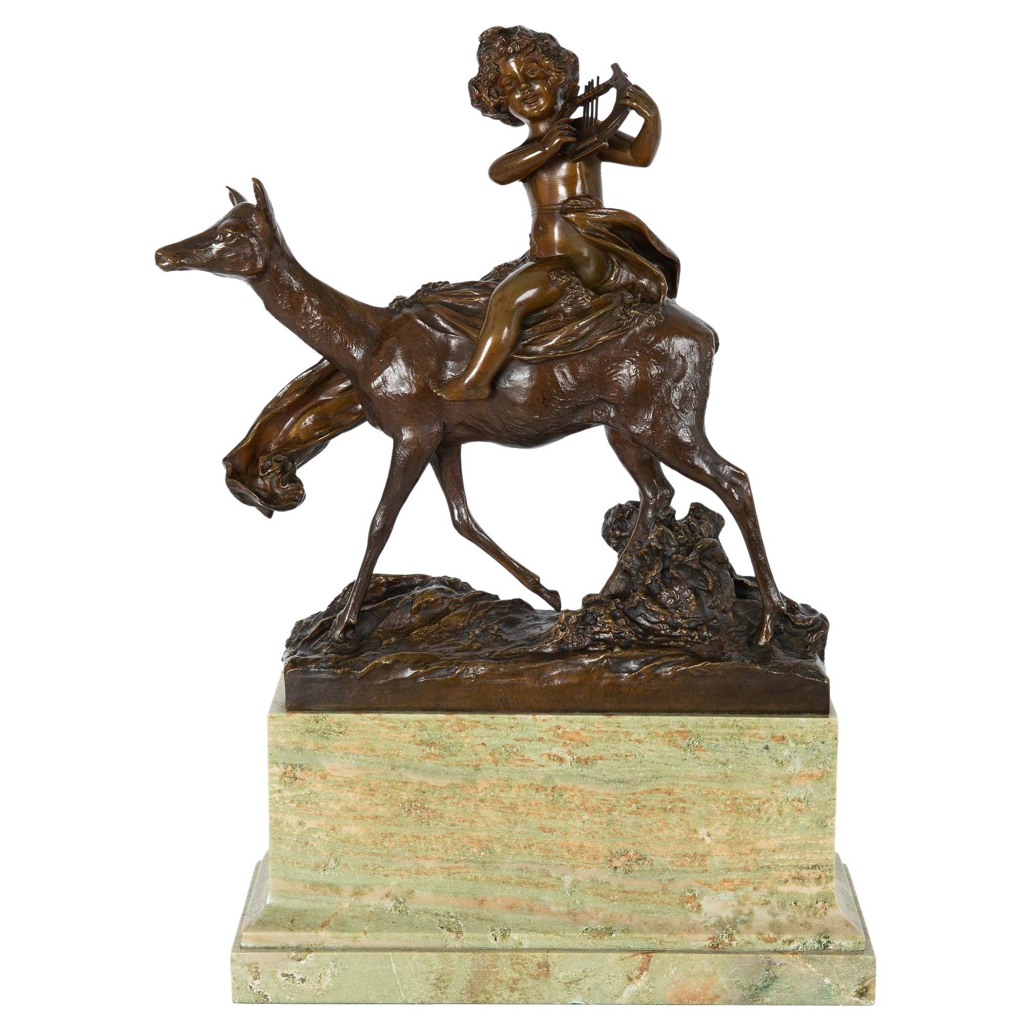 "Putto sobre cierva" Escultura Art Nouveau de bronce de Charles Korschann