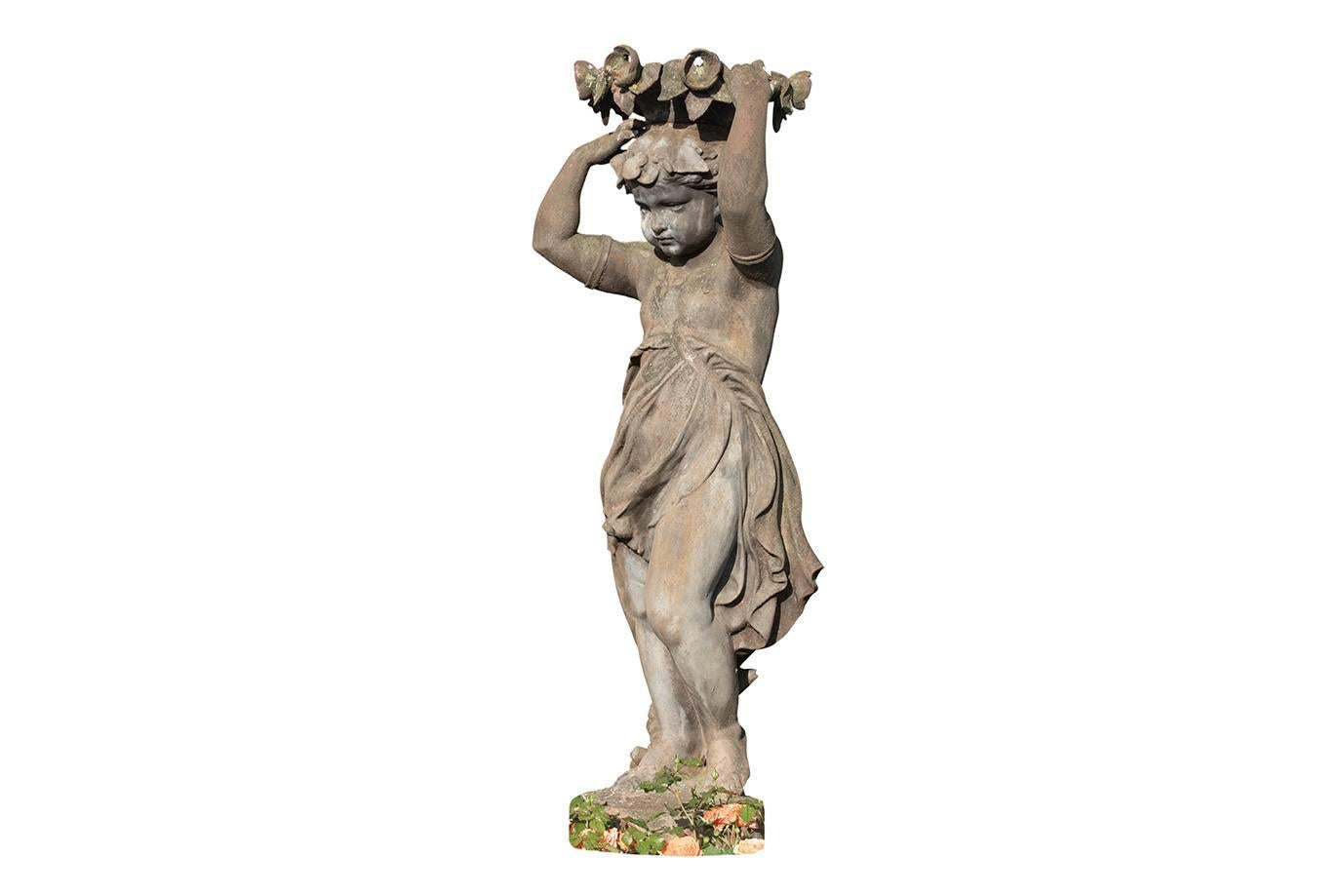 This is a very rare cast iron sculpture of a boy from the art Foundry Barbezat in Val D'osne (France).
The sculpture can also be used as a centre figure for a fountain.
This Putto is an exceptional piece.

Dimensions: height 145cm, bse Ø 38cm