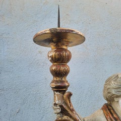 Putto Torch Holder In Lacquered And Gilded Wood, Italy 18th Century