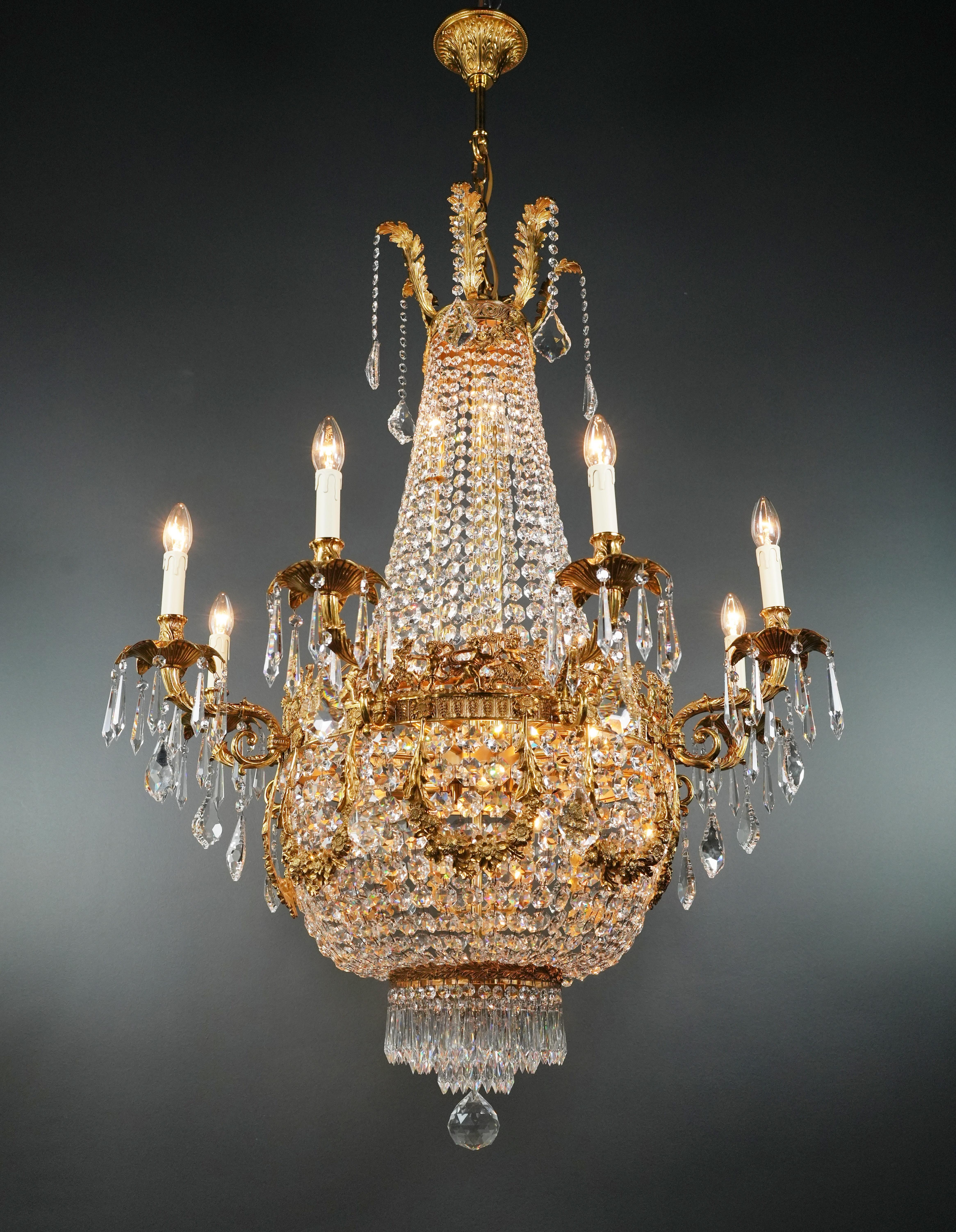 Empire Revival Putto Wreat Brass Basket Empire Sac a Pearl Chandelier Crystal and Antique Gold For Sale