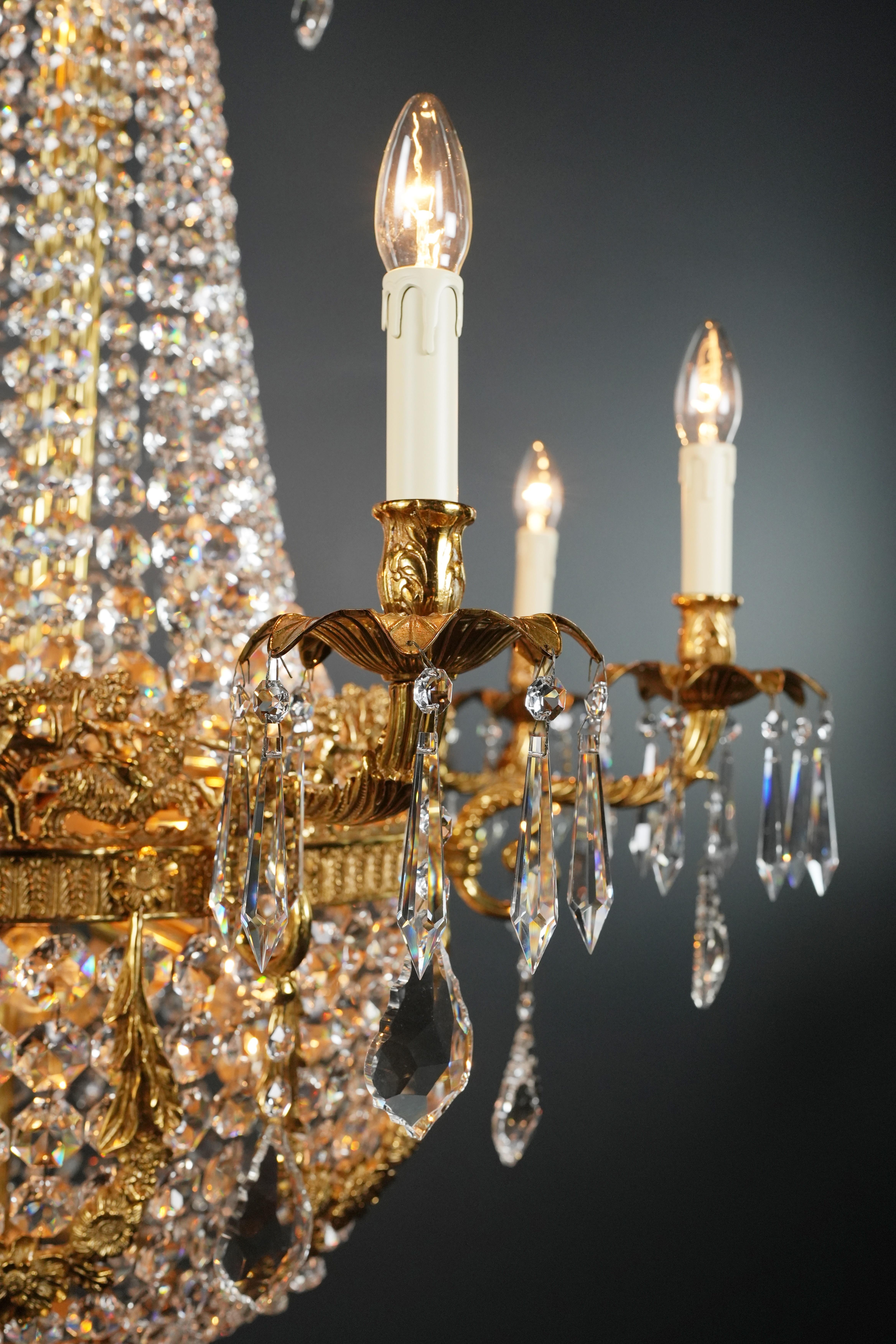 Contemporary Putto Wreat Brass Basket Empire Sac a Pearl Chandelier Crystal and Antique Gold For Sale