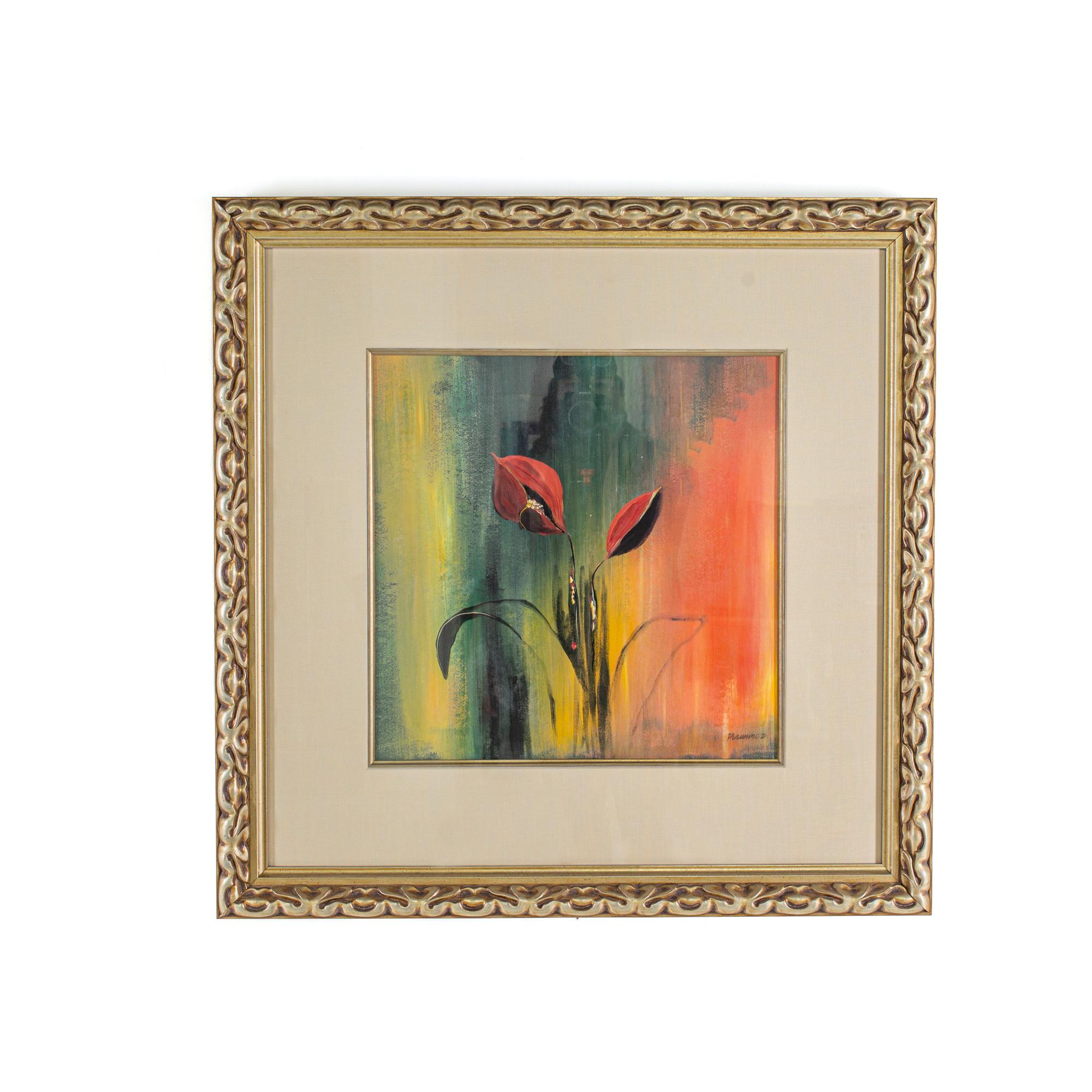 Puwamoz framed pair of flowers painting. 

This painting measures: 34 wide x 1.75 deep x 34 inches high.

This painting is in great Vintage condition with minor marks, dents, and wear.

We take our photos in a controlled lighting studio to