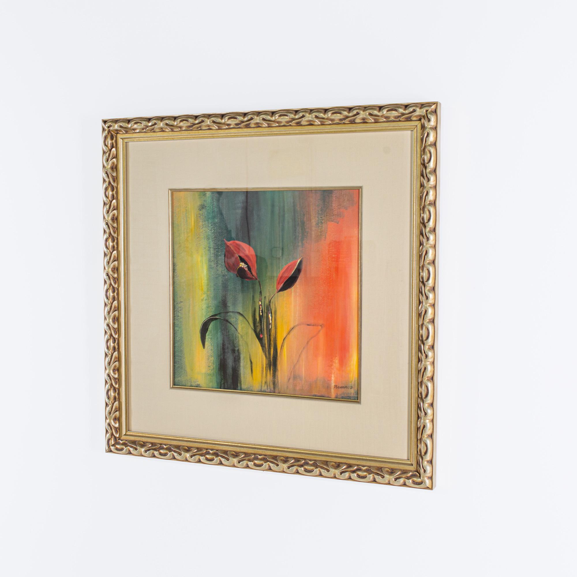 Modern Puwamoz Framed Pair of Flowers Painting For Sale