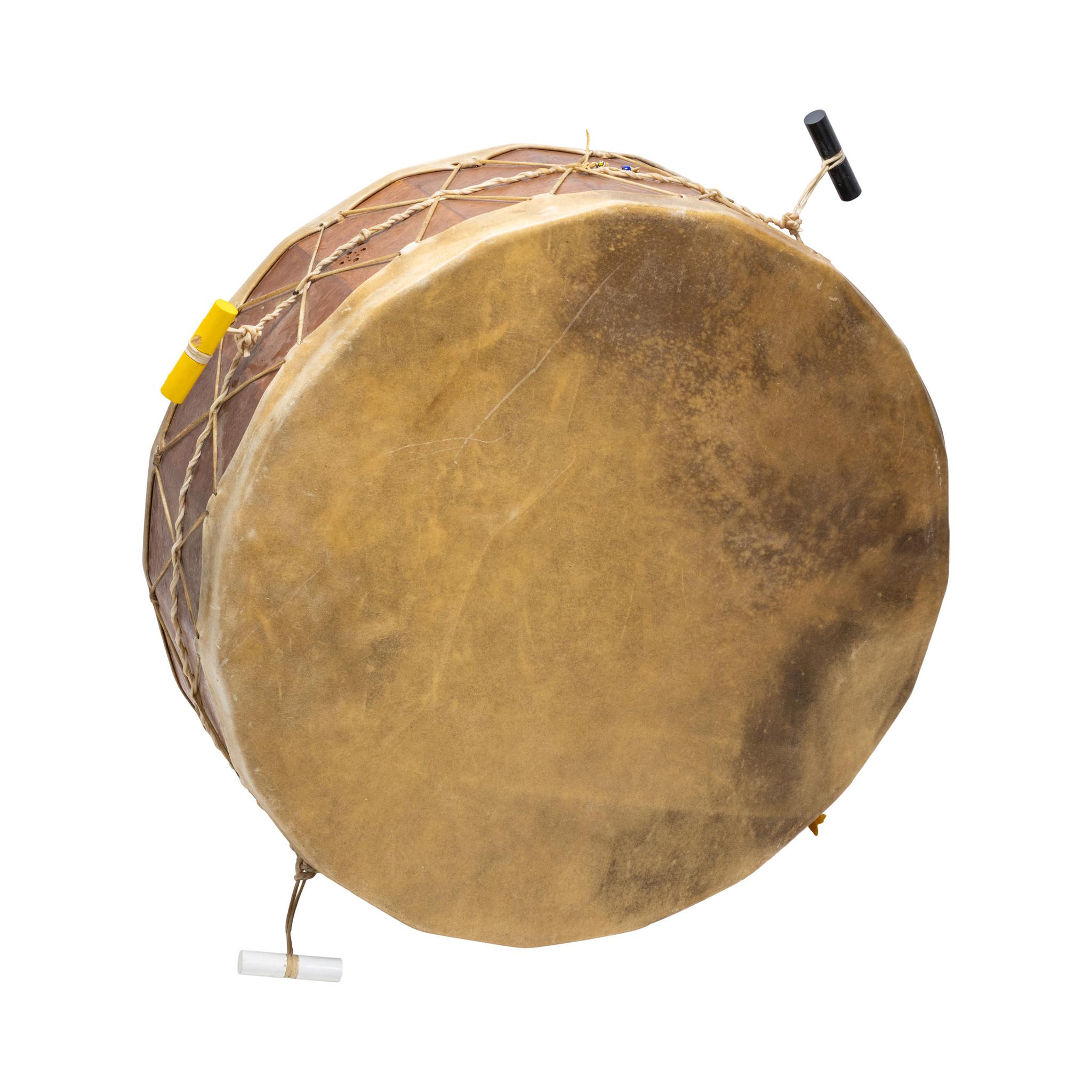 Puyallup Tribe (Tacoma, Washington) Powwow drum on stand with beaters. Used by Jumping Gray Squirrel. A used piece with great sound. Add glass and would function as a coffee table. Functional or display. 30