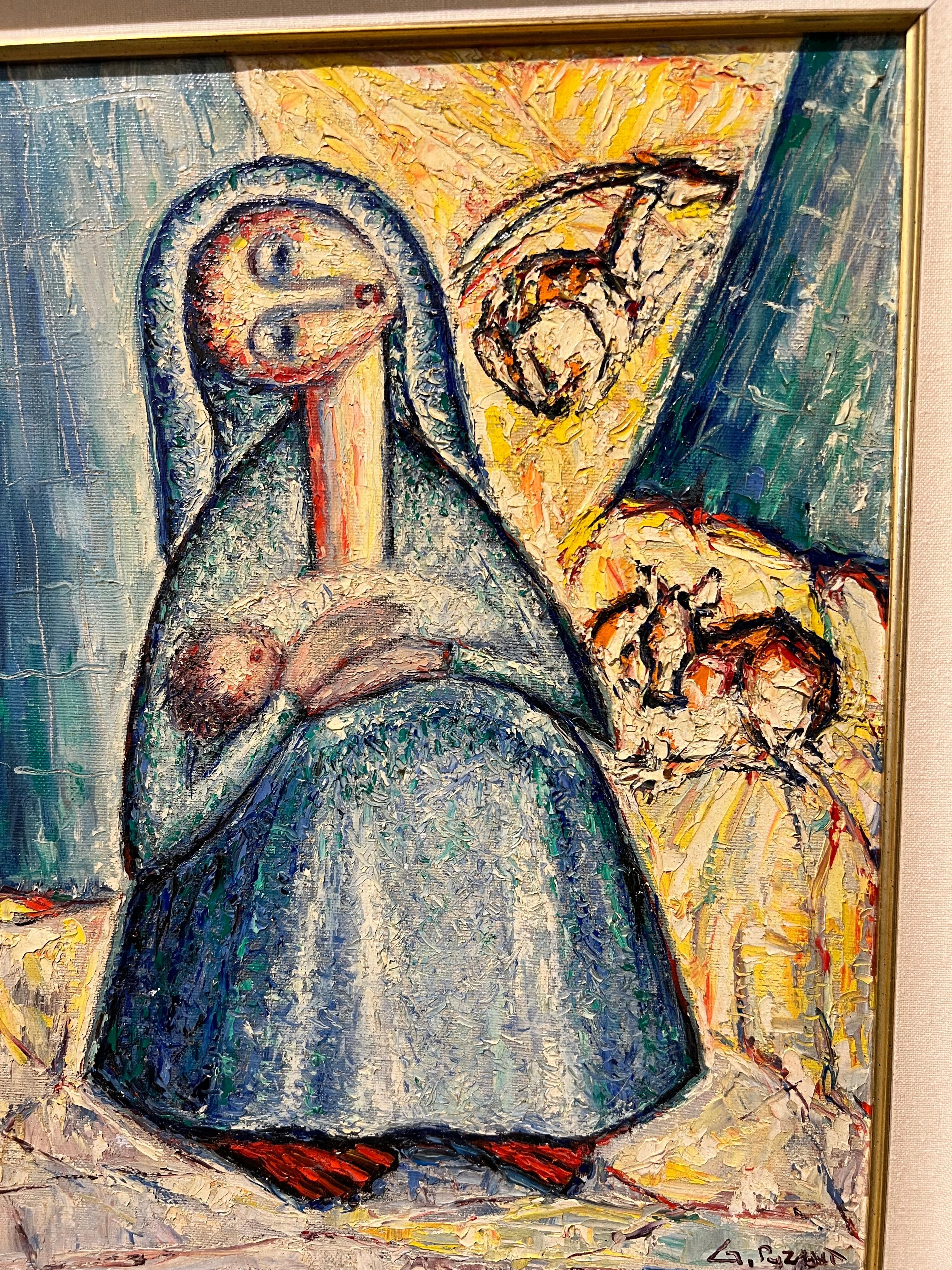 Éste es un cuadro de Puzant Godjamanian (1909-1993), una composición profundamente significativa que representa a una madre cantando a su bebé para que se duerma. La obra transmite emociones fuertes, reflejando la profunda comprensión de la artista