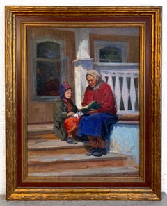 Mid-century Portrait Framed Oil Painting Soviet Grandmother Child by Puzyrevich