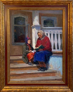 Vintage Mid-century Portrait Framed Oil Painting Soviet Grandmother Child by Puzyrevich