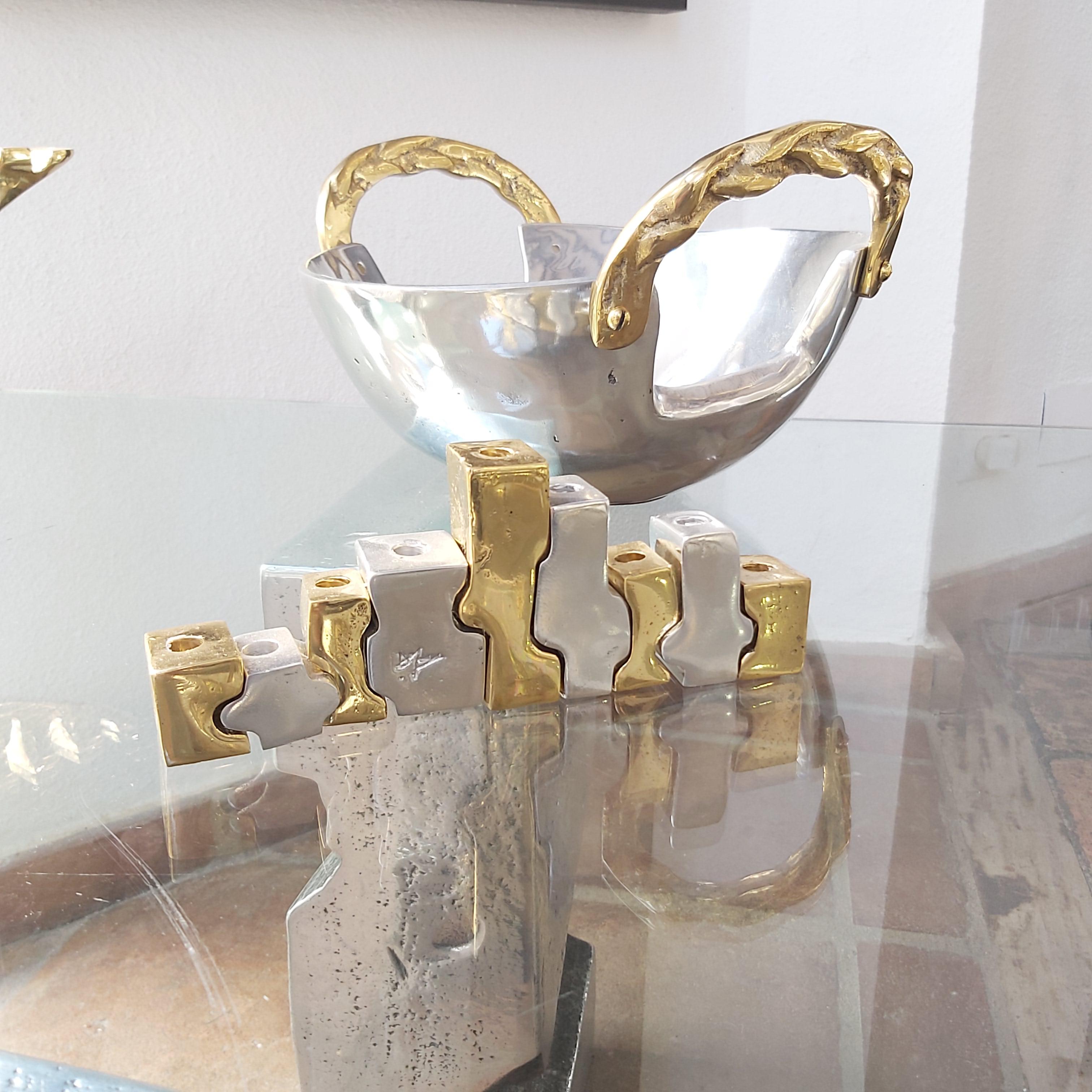 Brutalist Puzzle Candelabra G047 solid cast brass and alumium designed by David Marshall  For Sale