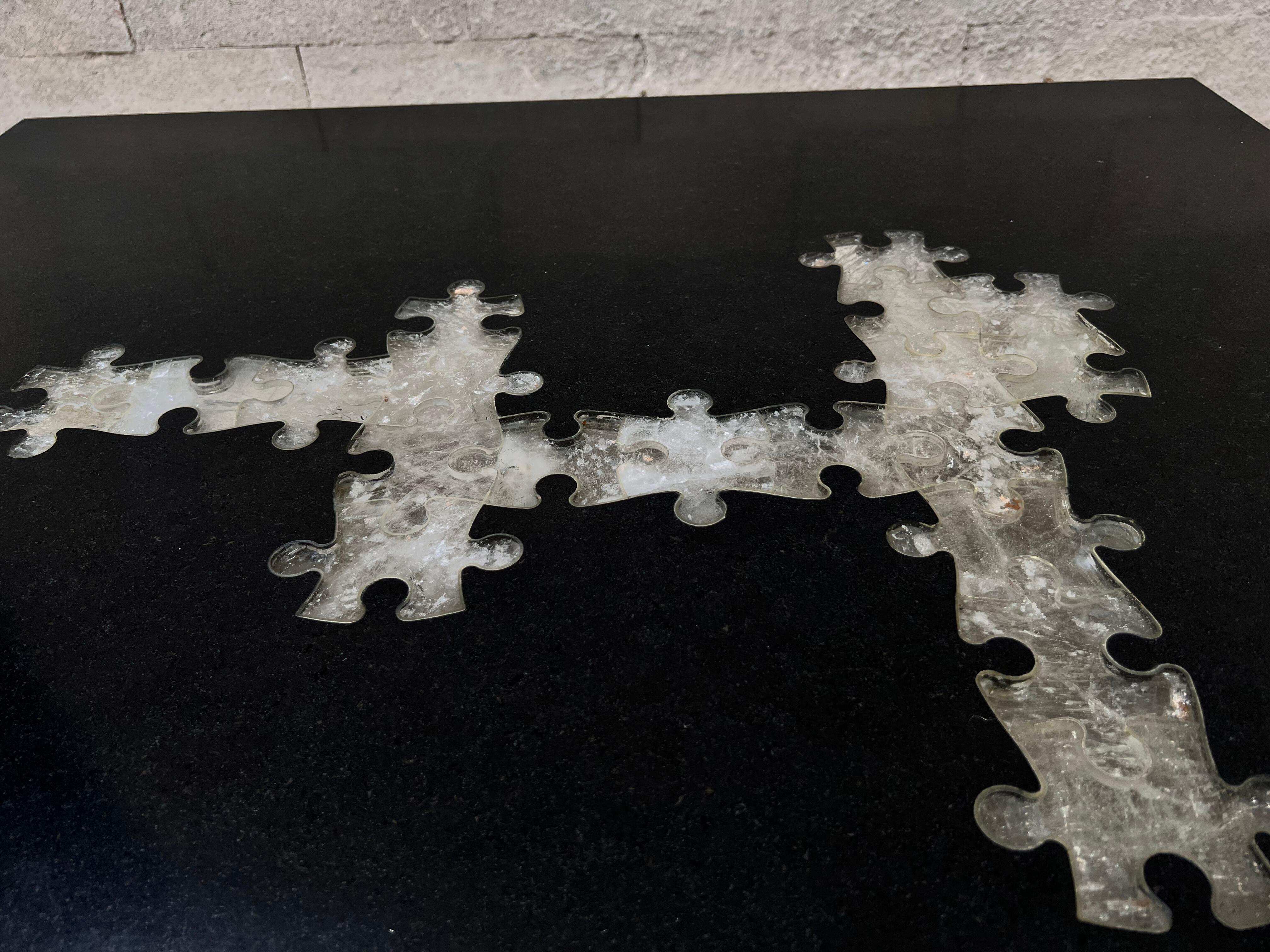 Brass Puzzle coffee table in black granite and rock crystal from Madagascar For Sale