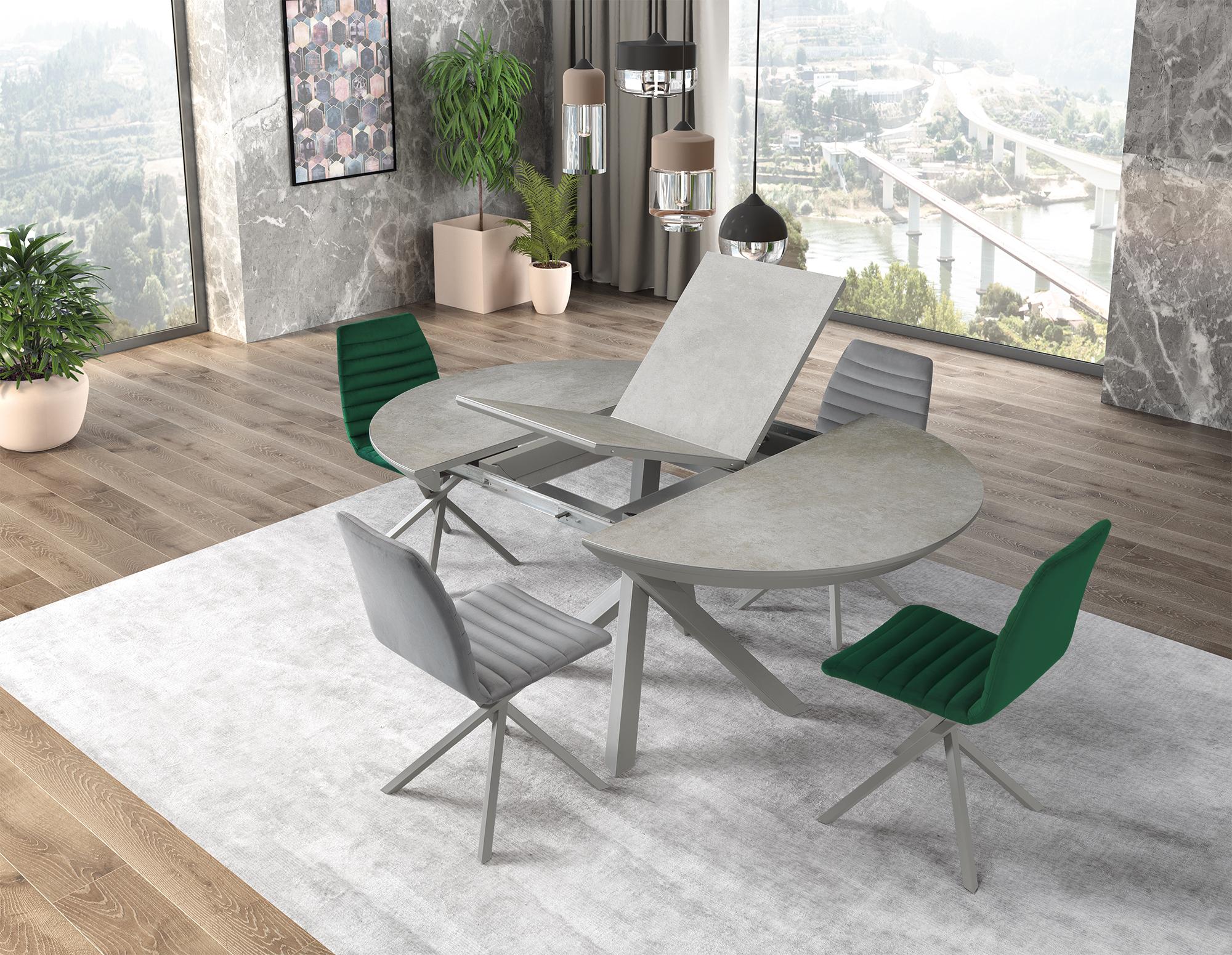Size: D:120cm W:120cm H:77cm  extentable with 50cm
Materials: legs in lacquered metal, any color, top in ceramic

Puzzle extendable round dining table, which is 100% produced in Portugal, Europe, is available in different sizes and shapes: Oval,