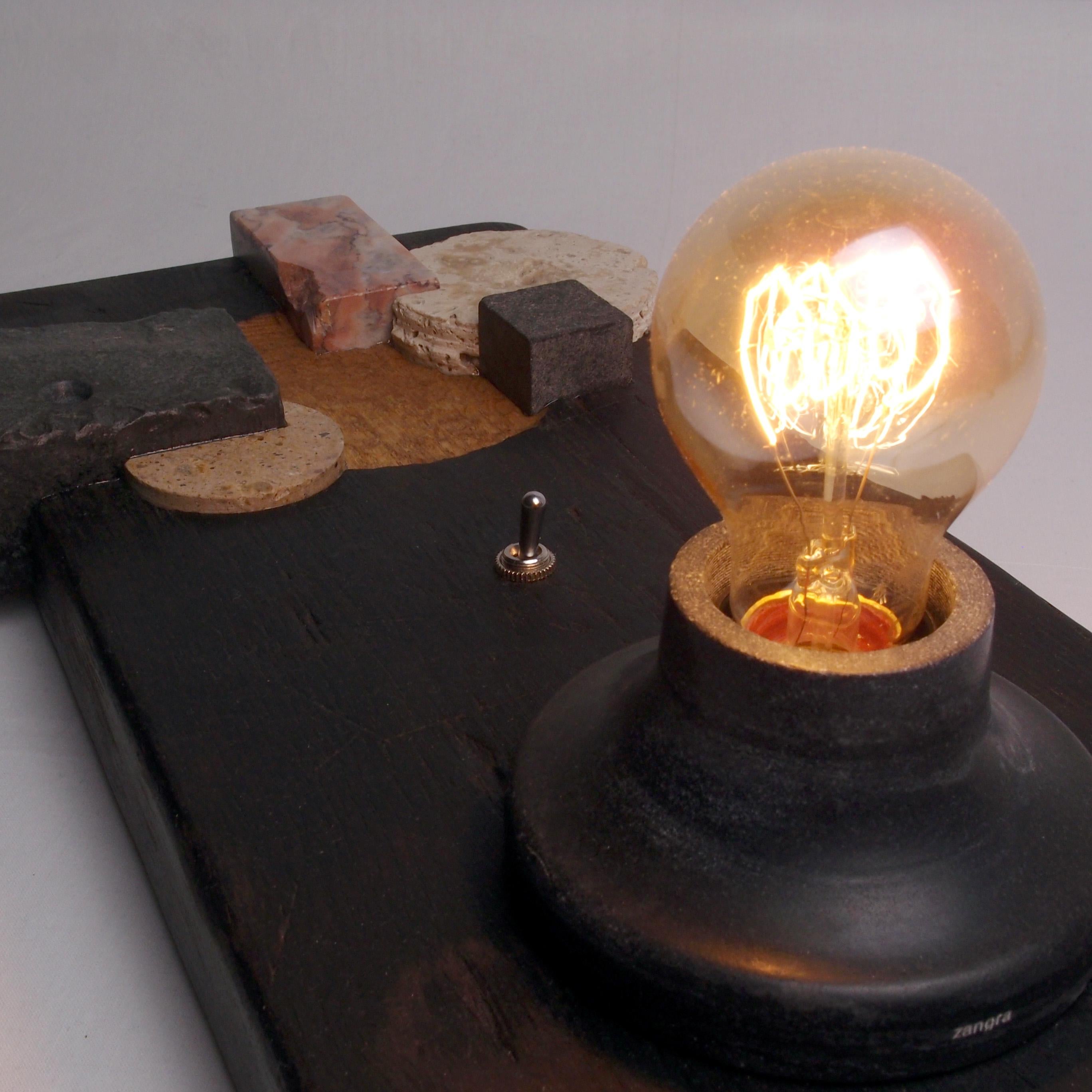 Puzzle, Sculptured Lighting, Table Lamp from Reclaimed Burned Wood and Stone For Sale 4