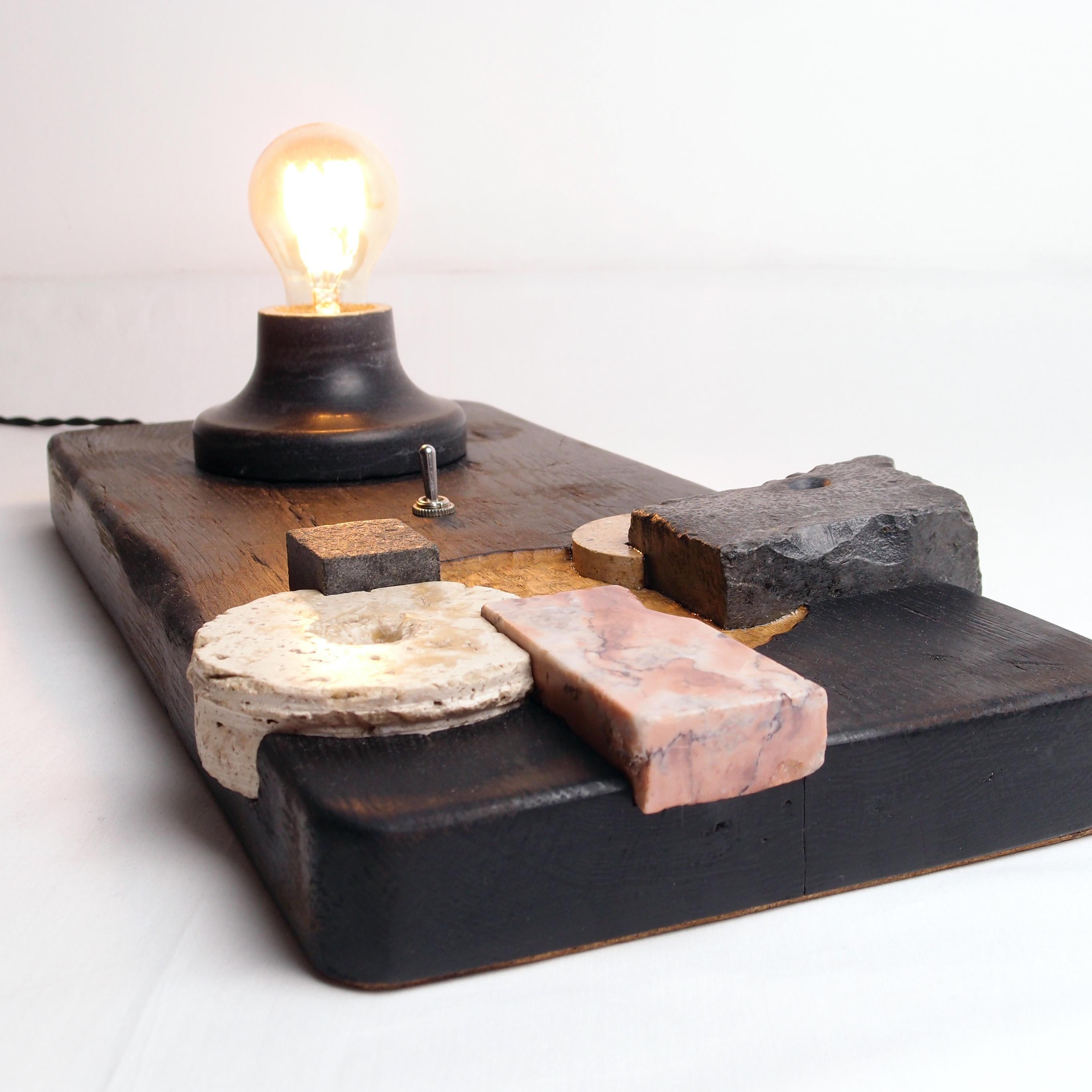Hungarian Puzzle, Sculptured Lighting, Table Lamp from Reclaimed Burned Wood and Stone For Sale