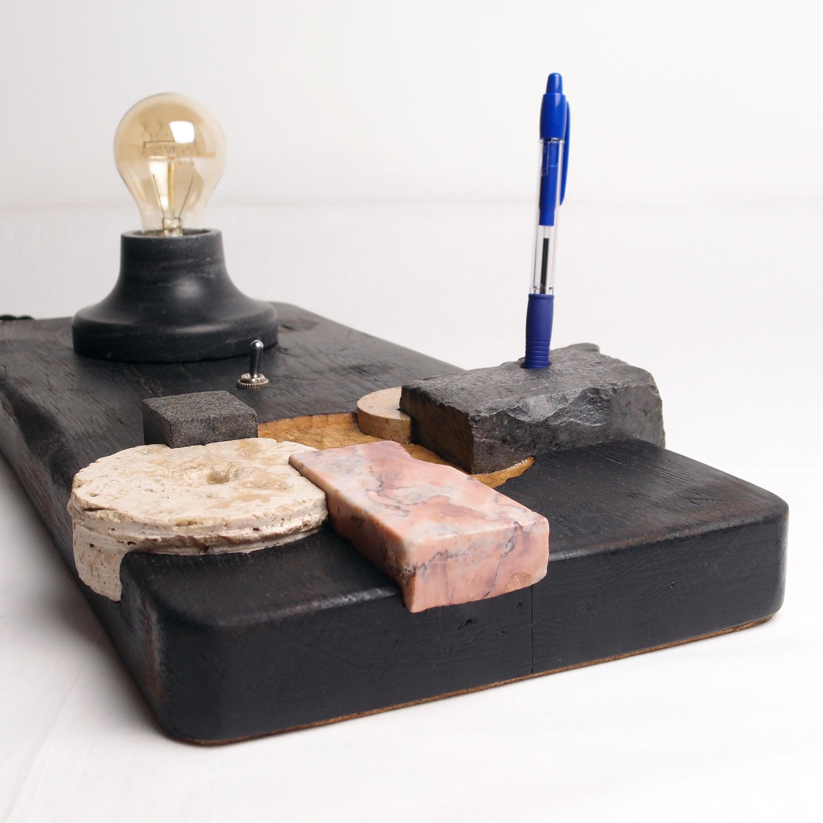 Limestone Puzzle, Sculptured Lighting, Table Lamp from Reclaimed Burned Wood and Stone For Sale