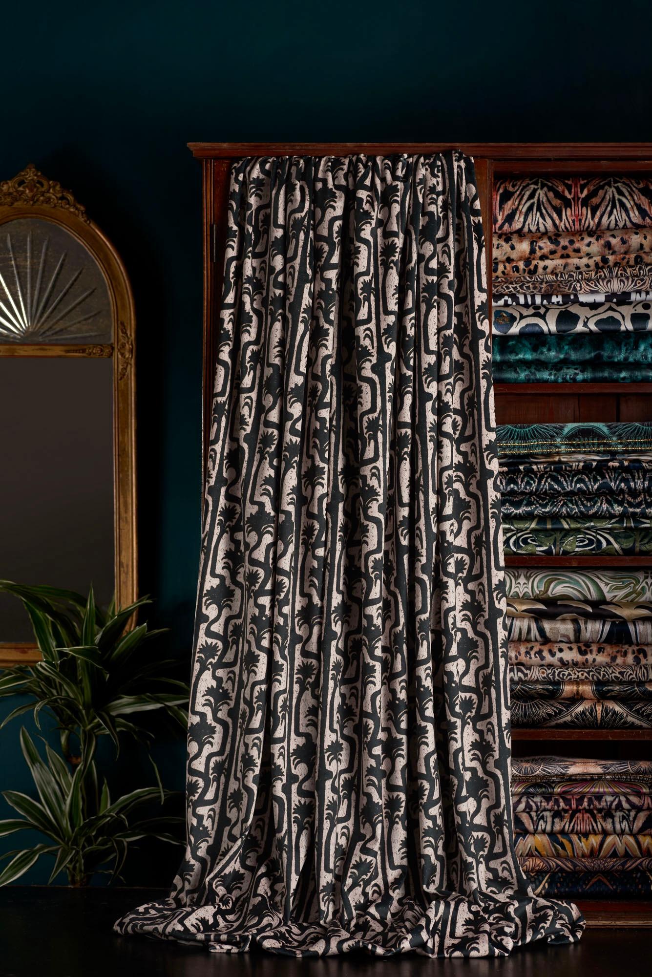 This blush pink and soft black velvet works with its undulating growing palm tree design has a relaxed and sculptural quality, softened at the edges. This works well layered with plants and textured elements.

This velvet has a very different handle