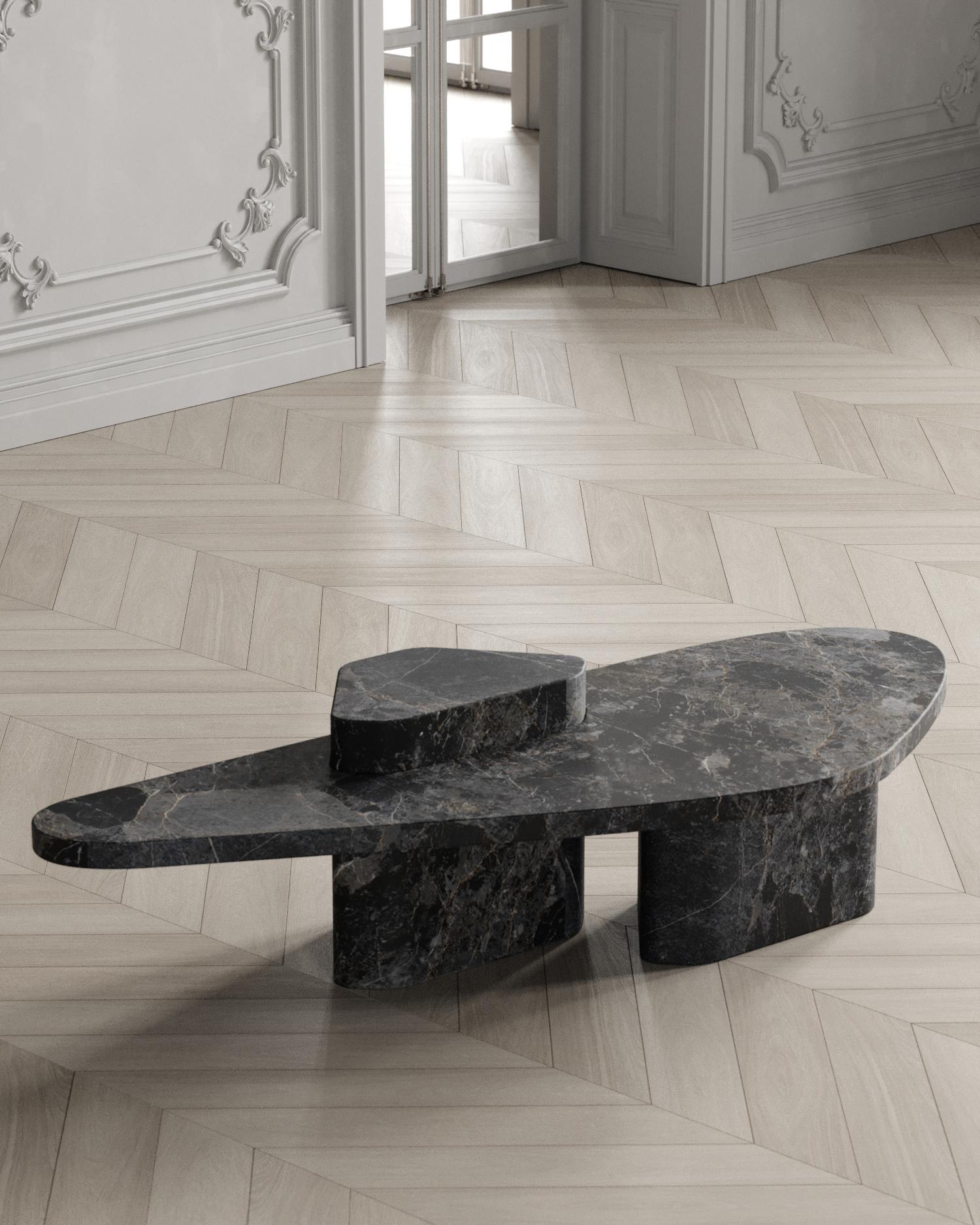 Puzzle Table Nero Marquina Venato by Madina Tsarikaeva
Dimensions: W 160 x D 66 x H 45 cm. 
Materials: Nero Marquina Marble.

Madina Tsarikaeva (1994)
 
From early childhood, Madina began to show interest in art, spending a lot of time in the