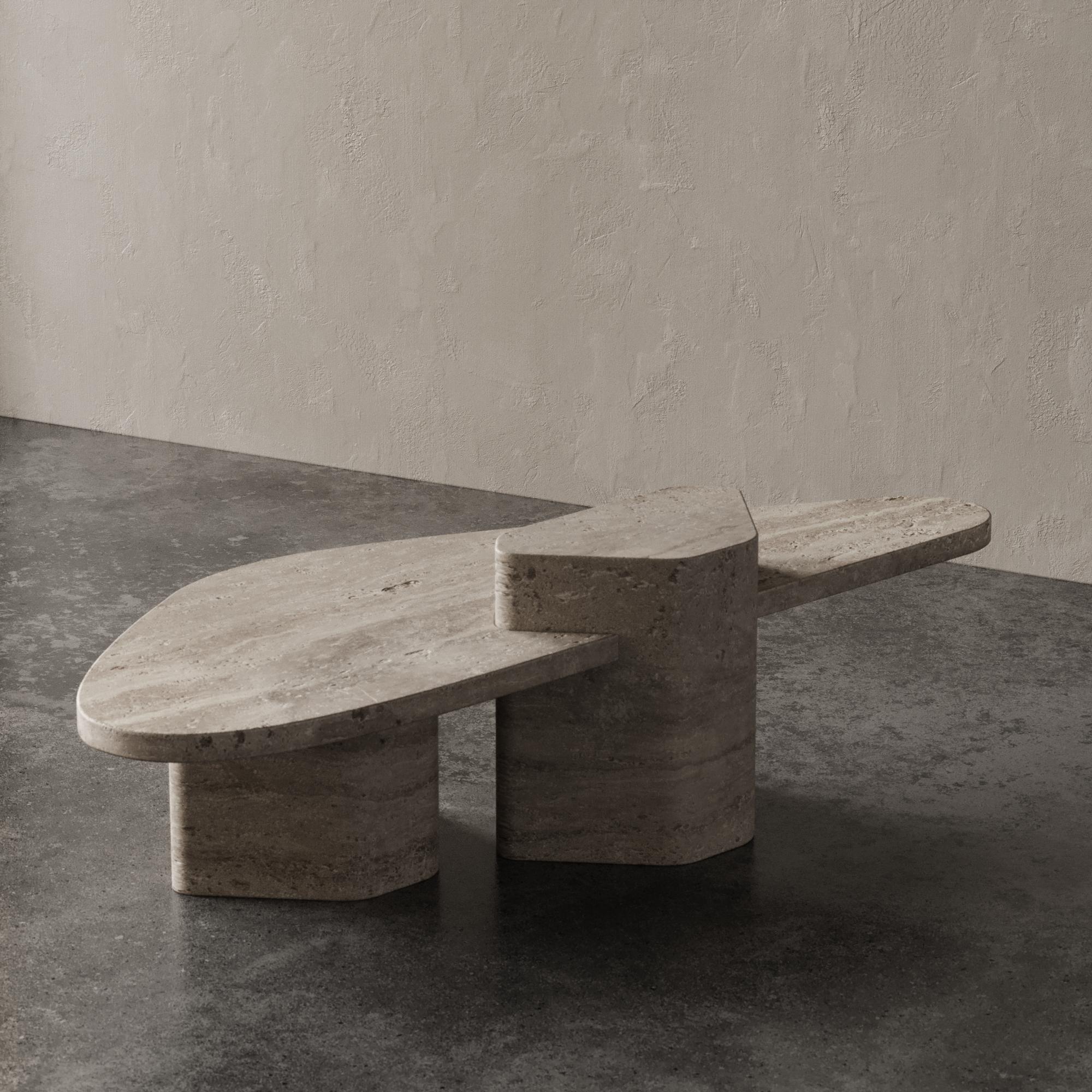 Puzzle Table Travertino Noce by Madina Tsarikaeva
Dimensions: W 160 x D 66 x H 45 cm. 
Materials: Travertine.

Madina Tsarikaeva (1994)
 
From early childhood, Madina began to show interest in art, spending a lot of time in the workshop of her