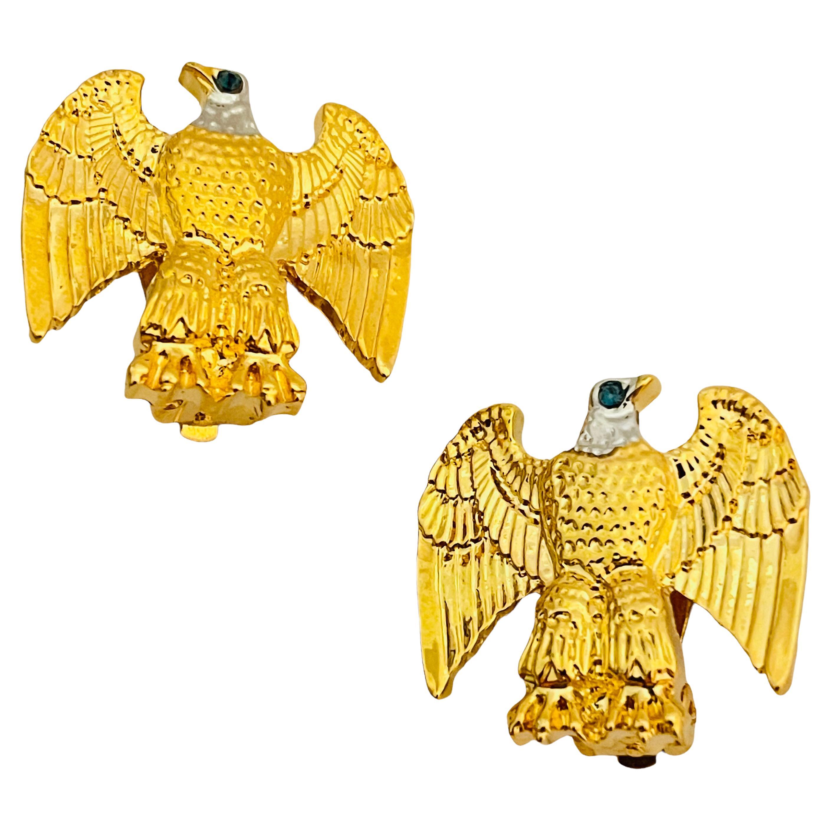PWC signed vintage gold tone sapphire eyes eagle designer clip on earrings