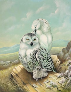 Traditional British Oil Painting Owl Family in Woodland Nest with Chicks