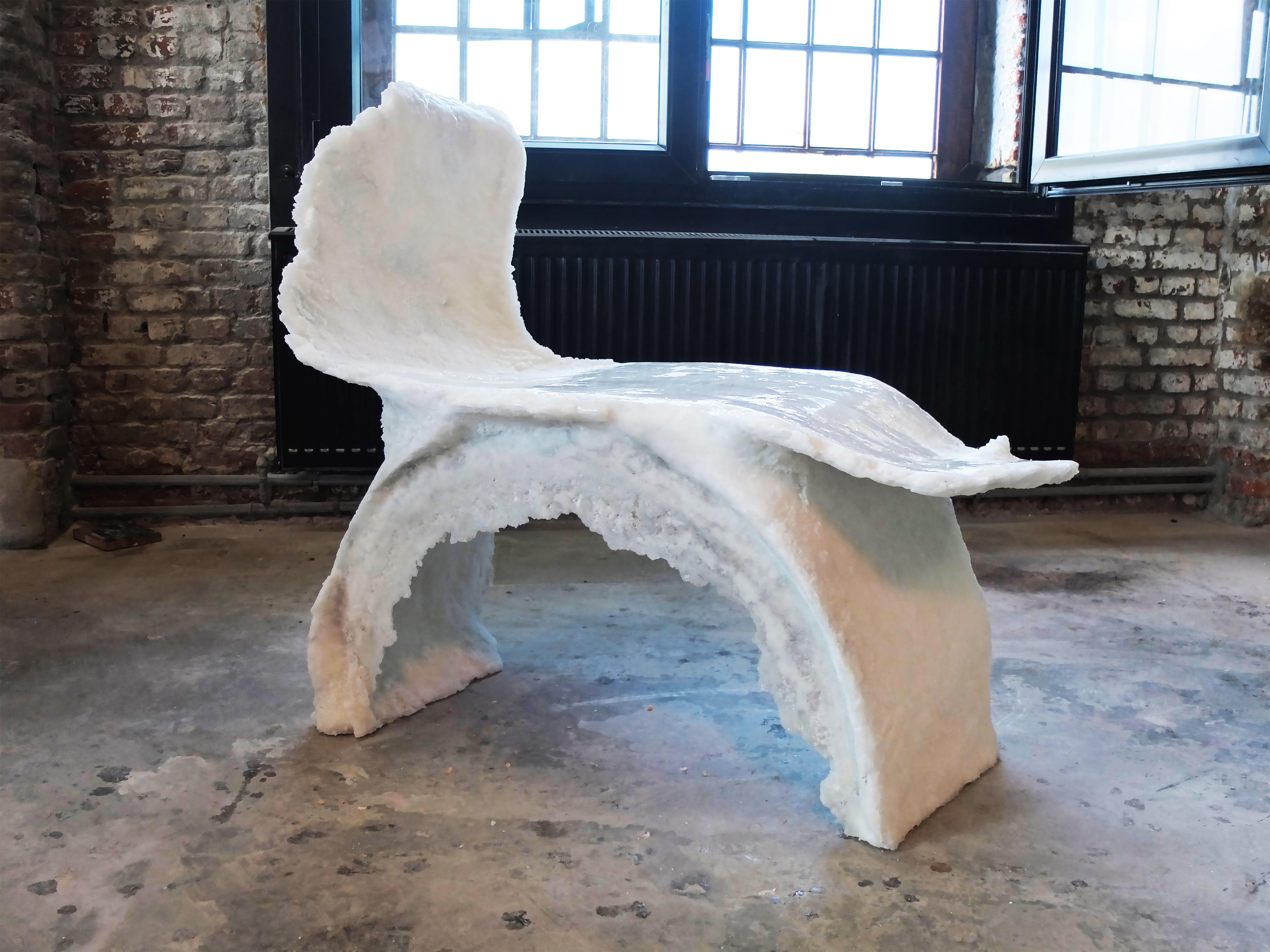 Pyche's chair by Roxane Lahidji.
Dimensions: D 100 x W 57 x H 90 cm.
Materials: Marbled salt.

Roxane Lahidji is a social designer specializing in ecological material developments and applications. Her research focuses on achieving