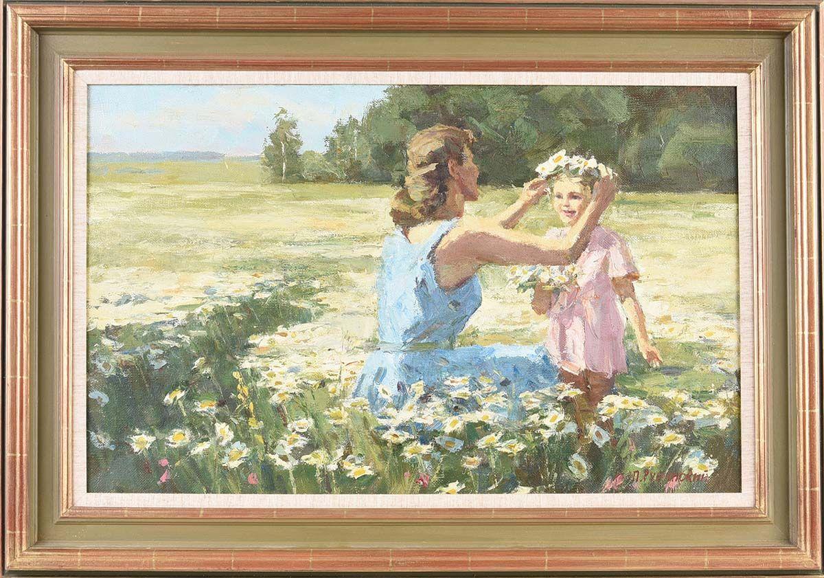 л. pyбиhckий Landscape Painting - Mother and Child in Field of Daisies Post-Impressionist Vintage Oil Painting