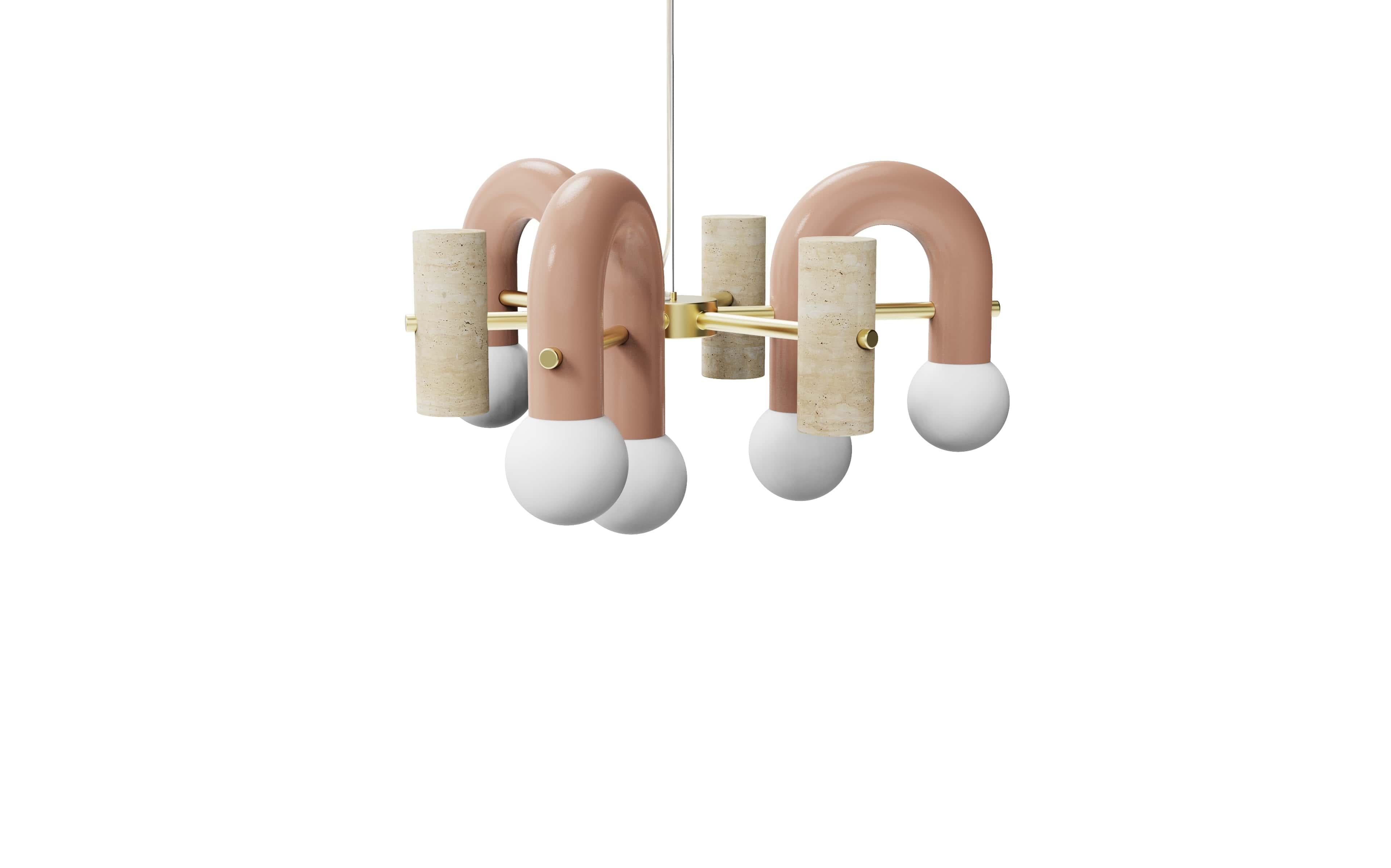 Pyppe suspension lamp 70 by Dooq
Dimensions: 36 x 80 x 80 cm
Materials: Lacquered metal, brass, nickel/copper, travertine

All our lamps can be wired according to each country. If sold to the USA it will be wired for the USA for