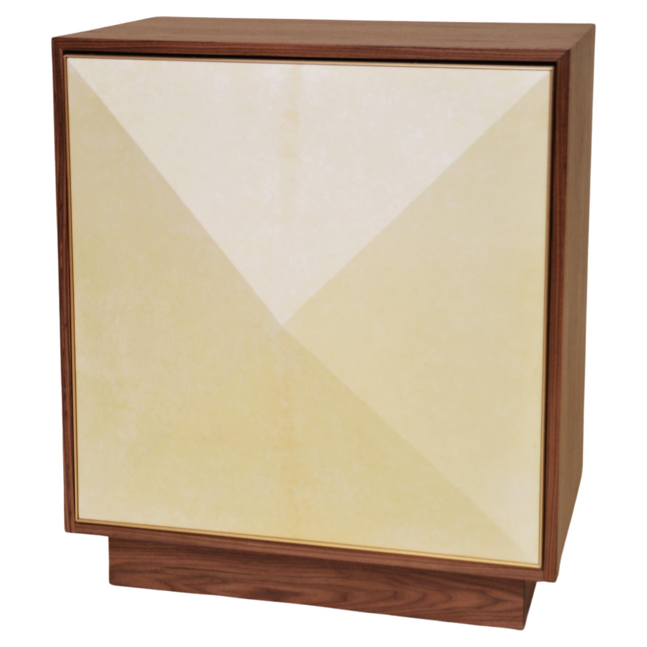 Pyramid 1 Door Cabinet in Walnut with Goatskin Parchment and Brass For Sale