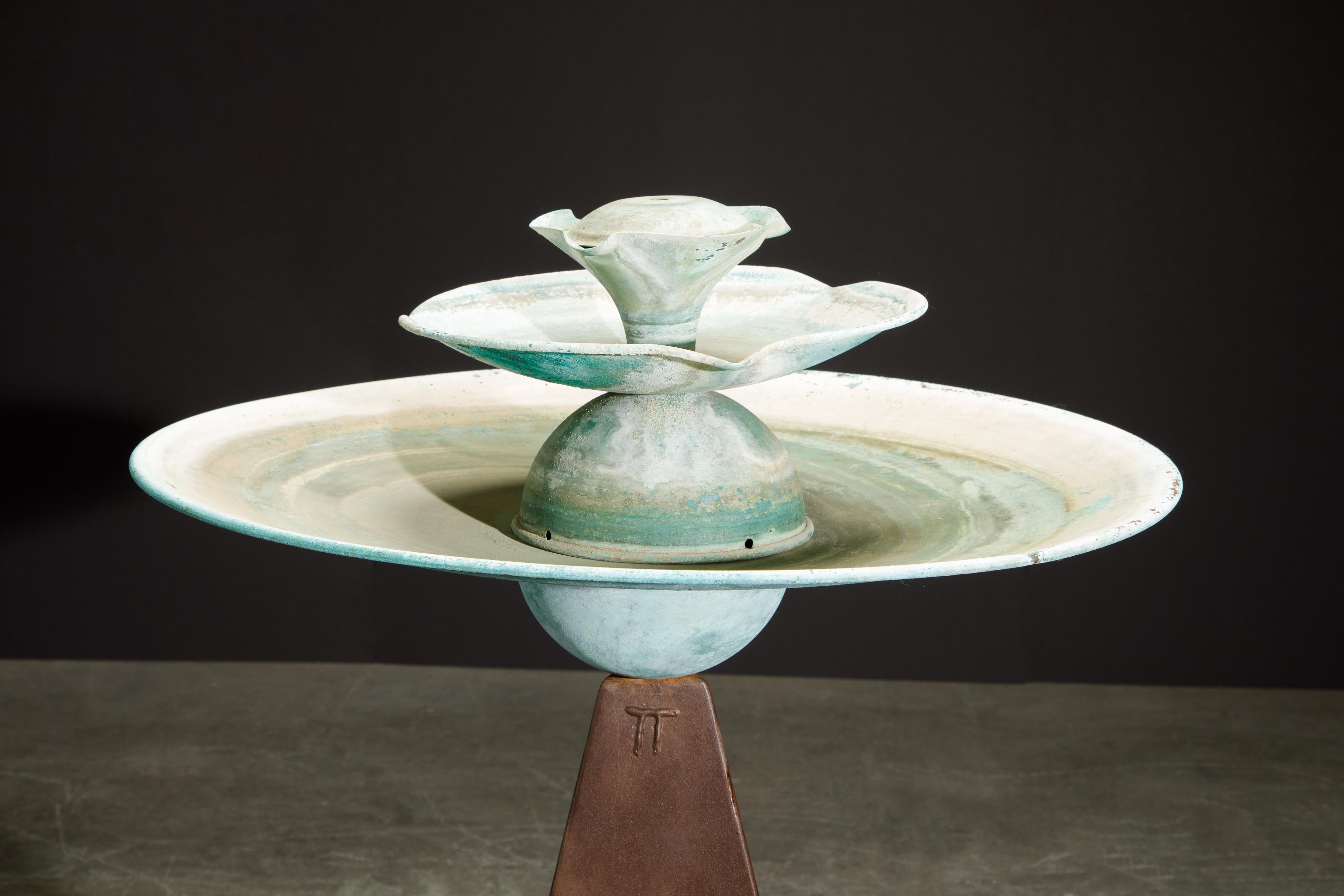Modern 'Pyramid' by Tom Torrens Patinated Copper Fountain Bird Bath, 1990s, Signed