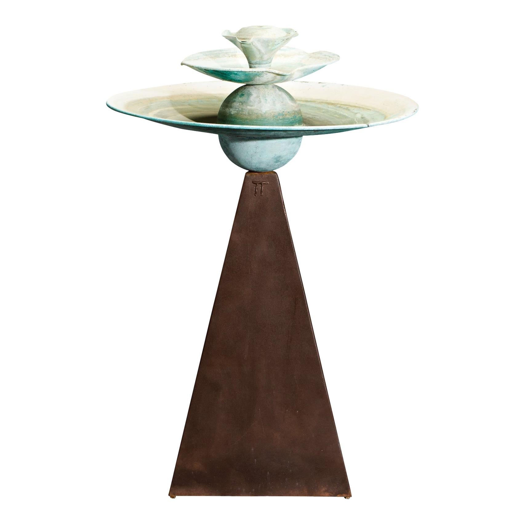 'Pyramid' by Tom Torrens Patinated Copper Fountain Bird Bath, 1990s, Signed