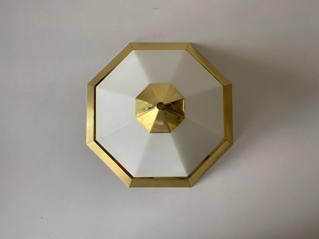 Space Age Pyramid Design Opal Glass & Gold Metal Flush Mount by Limburg, 1970s Germany For Sale