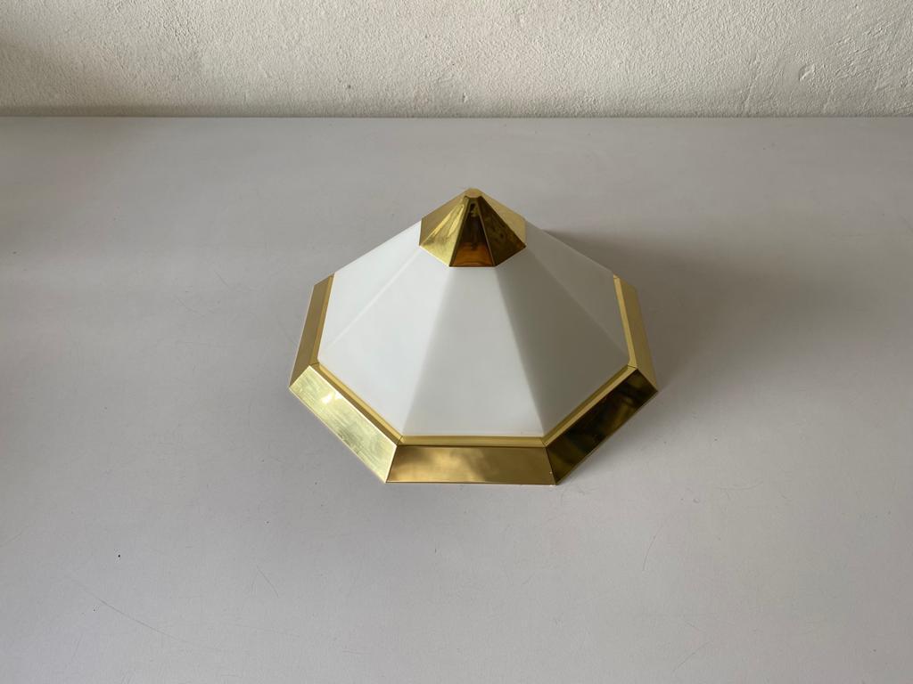 Pyramid Design Opal Glass & Gold Metal Flush Mount by Limburg, 1970s Germany For Sale 1