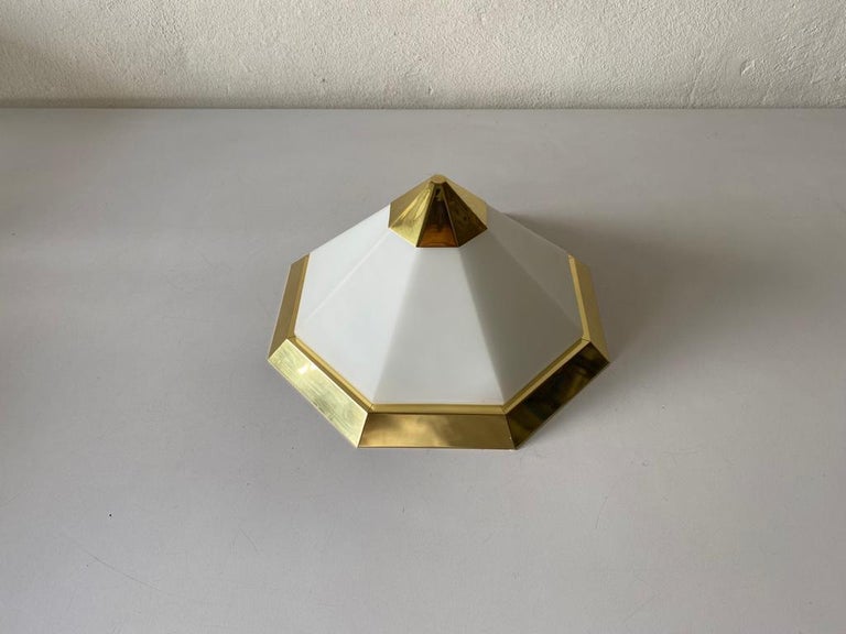Pyramid Design Opal Glass & Gold Metal Flush Mount by Limburg, 1970s Germany For Sale 2