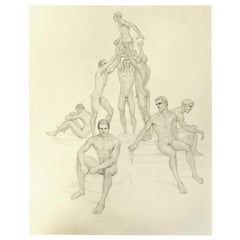 "Pyramid, " Extremely Rare Drawing with Nine Male Nudes by John Lear