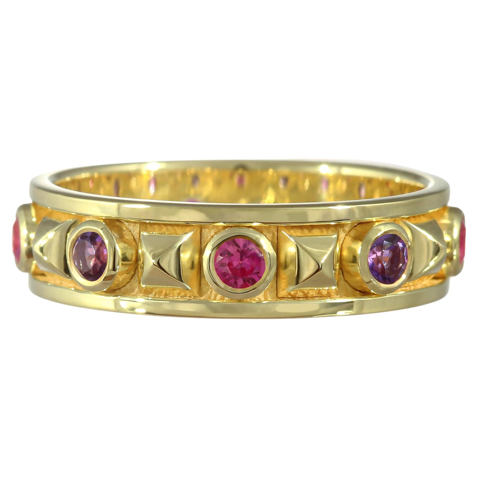 Pyramid Gold Ring with Pink Sapphires and Amethysts