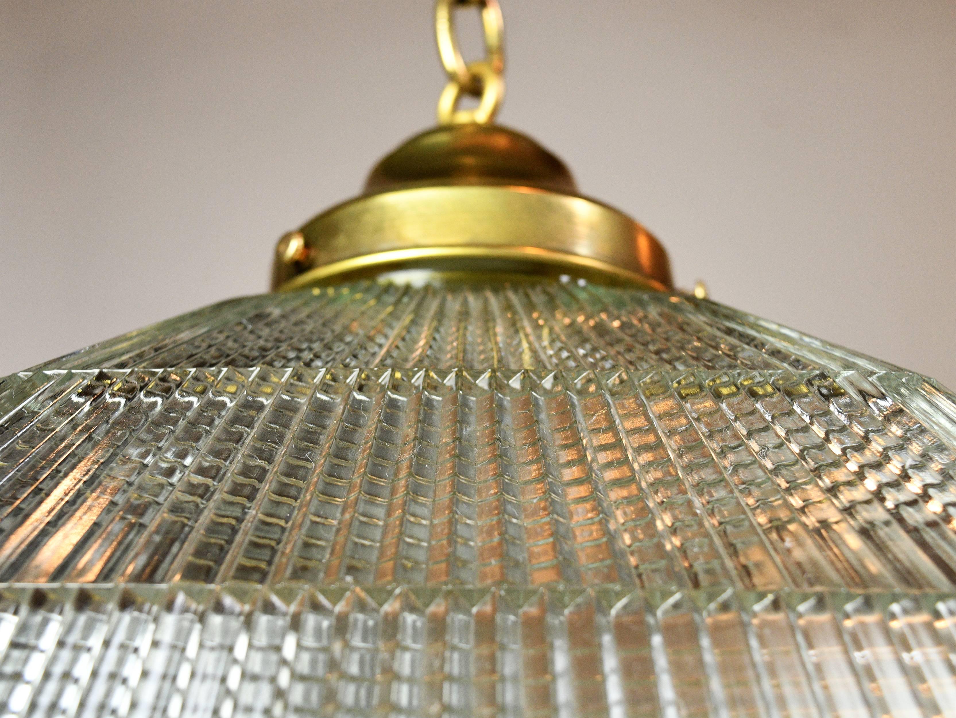 Brass Pyramid Holophane Pendant with Lens