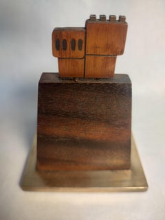 Pyramid in wood and mixed metals by EMAUS, original souvenir Mexico 68 Olympics