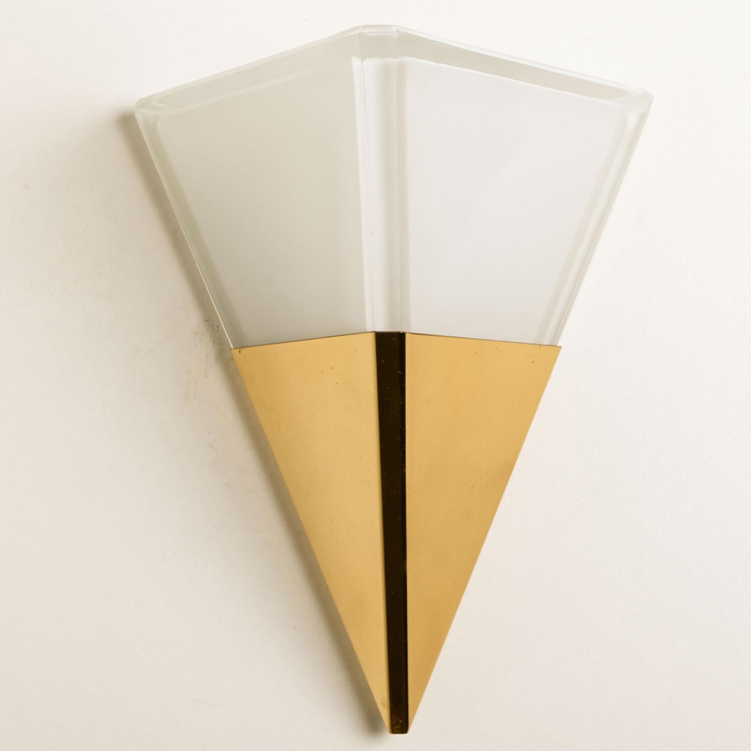 Mid-Century Modern Pyramid Milk Glass and Brass Wall Lights by Glashütte Limburg, 1970s For Sale