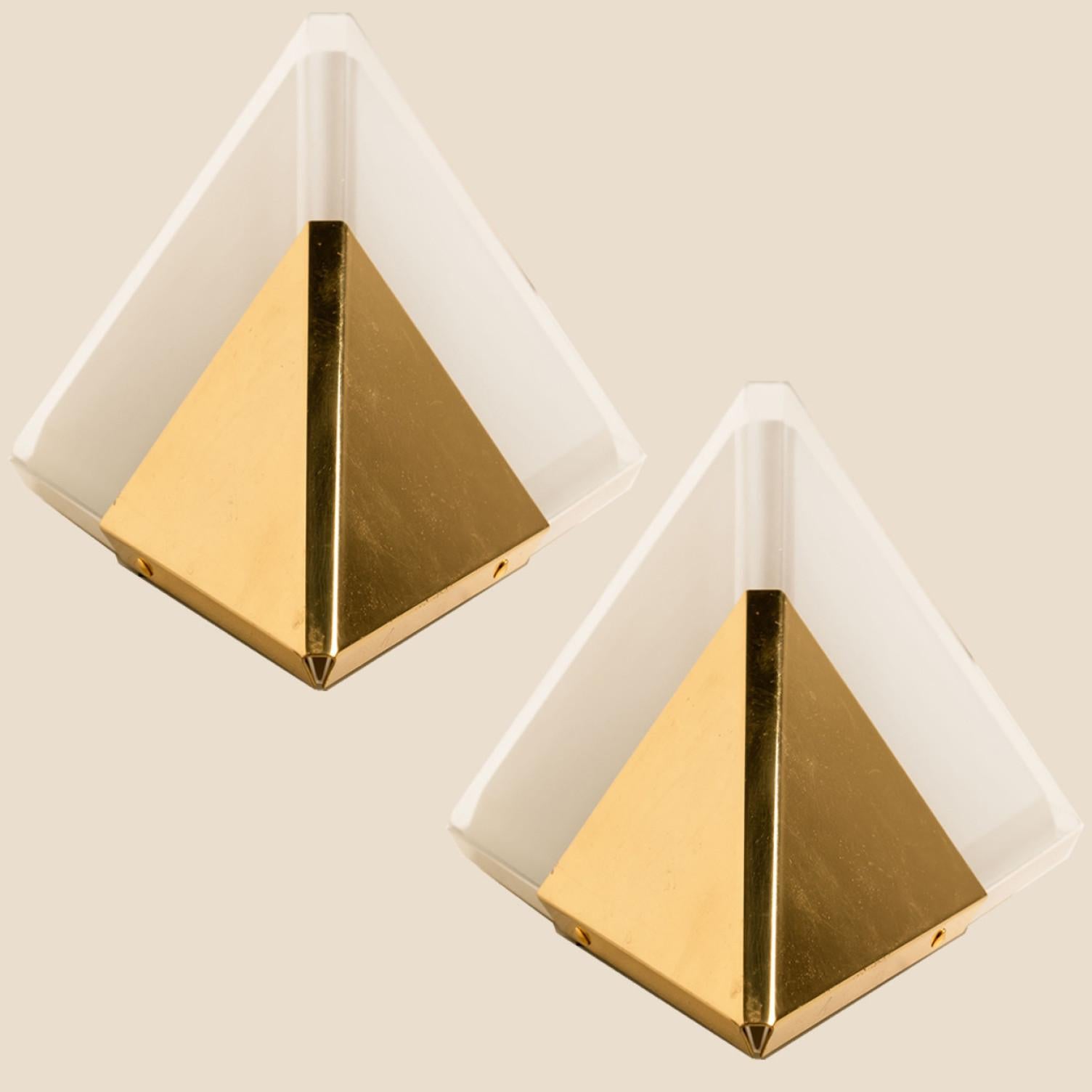 Late 20th Century Pyramid Milk Glass and Brass Wall Lights by Glashütte Limburg, 1970s For Sale